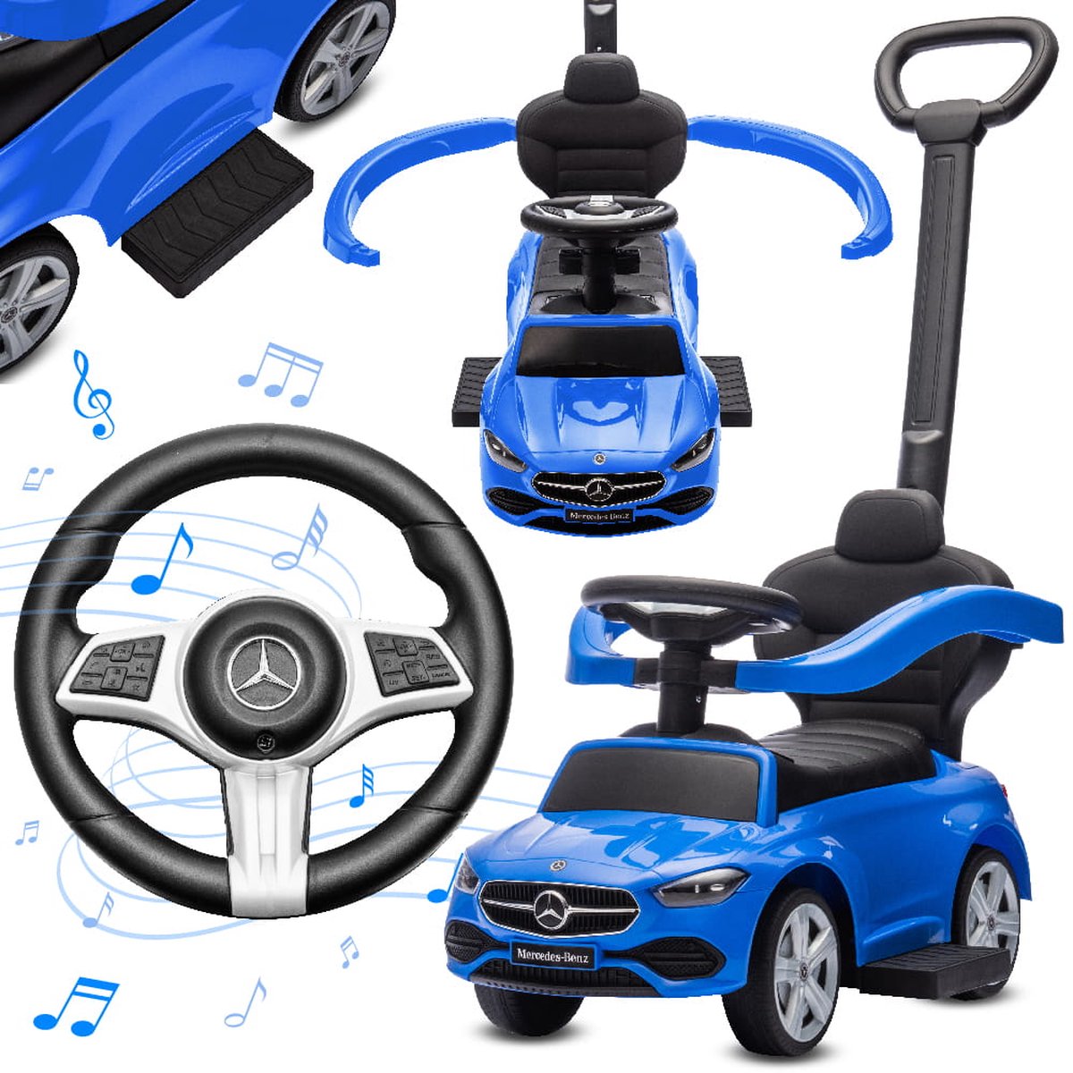 Mercedes C-Class Kindervoertuig 4in1, Loopauto met Claxon, Opbergruimte, Voetsteun, Duwstang, tot 2 jaar, max 27 kg, baby ride on (Blauw) (5907478641535)