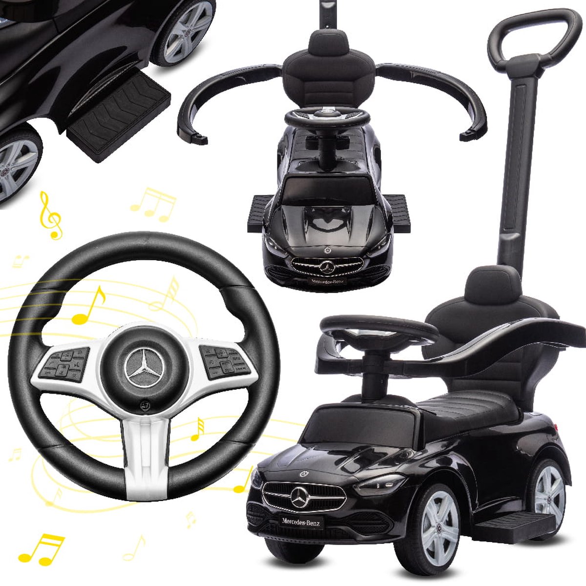 Mercedes C-Class Kindervoertuig 4in1, loopauto met Claxon, Opbergruimte, Voetsteun, Duwstang, tot 2 jaar, max 27 kg, baby ride on (Zwart) (5907478643942)
