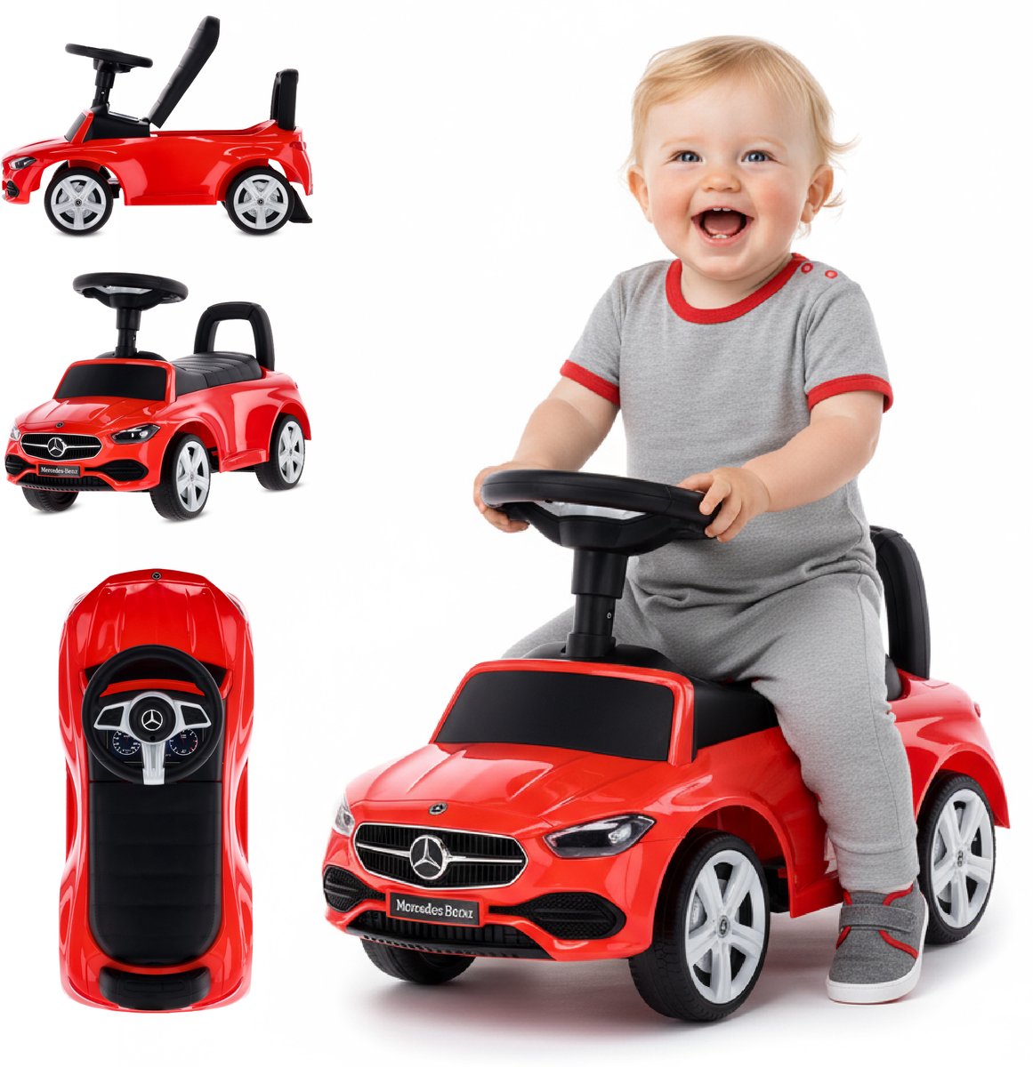 Mercedes C-Class Kindervoertuig, Loopauto met Claxon, ride on, babyauto, loopstoeltje met claxon en motorgeluiden, max 25 kg (Rood) (5907478640019)