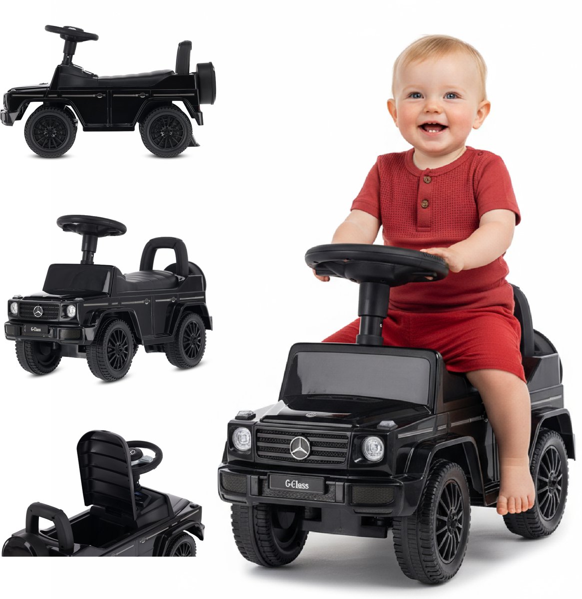 Mercedes G Klasse Kindervoertuig, loopauto met Claxon, ride on, babyauto, loopstoeltje met claxon en motorgeluiden, max 25 kg (Zwart) (5907478641450)
