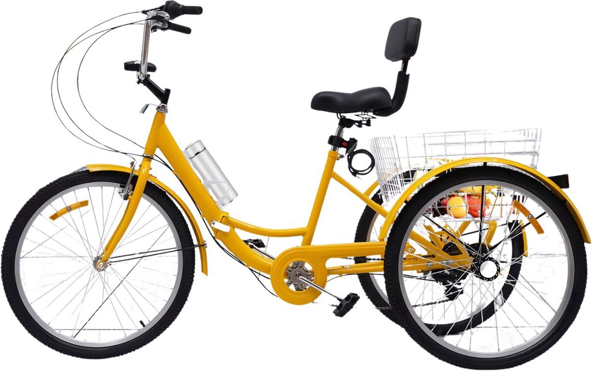 Opulence Driewieler Zita - 7 versnellingen - Fiets voor volwassenen en senioren - 24 Inch - Opvouwbare - Verstelbaar - Met mand - Voorrem - Geel (8721052069952)