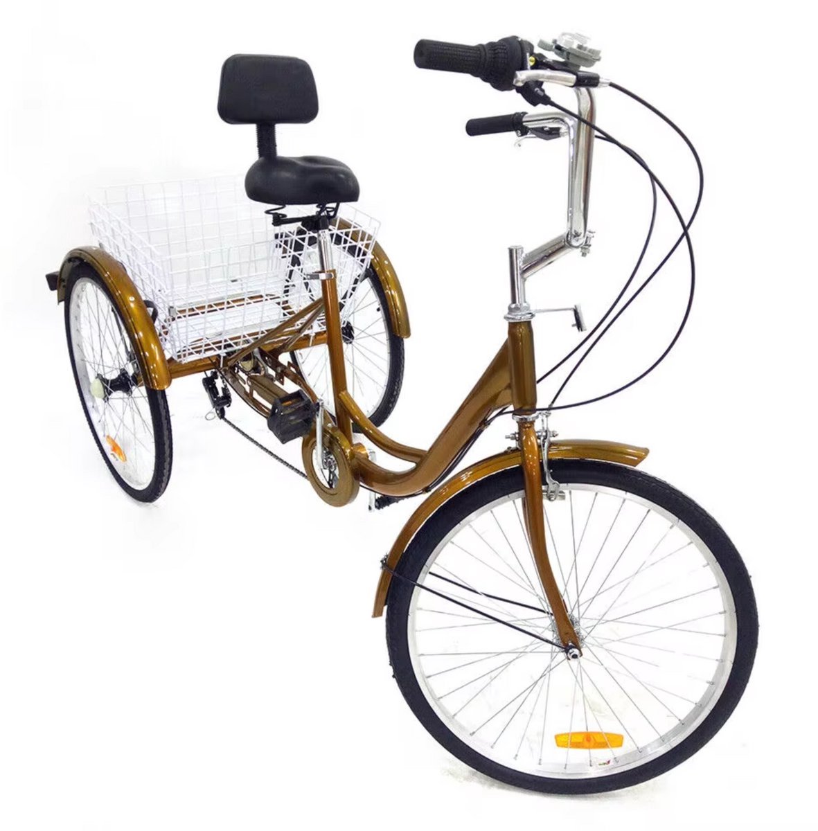 Opulence Driewieler voor volwassenen - 6 versnellingen - Fiets voor senioren - 24 Inch - Met mand - Voorrem - Goud (8721052069945)