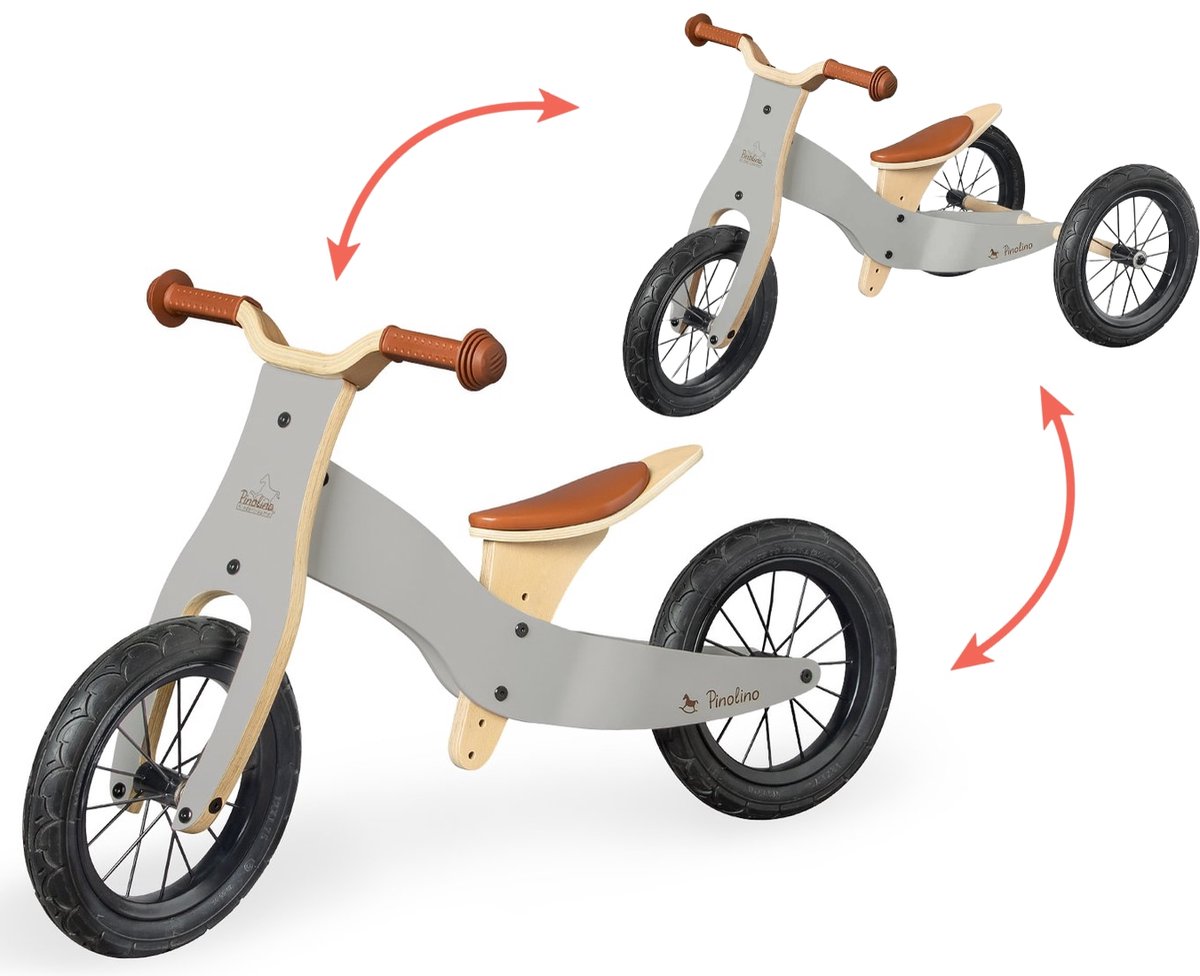 Pinolino Houten Loopfiets Balance driewieler 'Oskar' - grijs 2 in 1 loopfiets en driewieler (4035769051860)