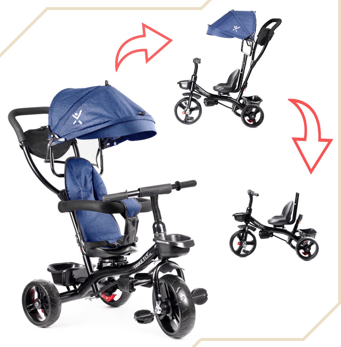 Playos® - Driewieler Duwfiets - Blauw - tot 50 kg - Draaibare Stoel - Zonnescherm - 1 tot 5 jaar - Multifunctioneel - Kinderwagen - Tricycle - Fiets met Duwstang (8721022052298)