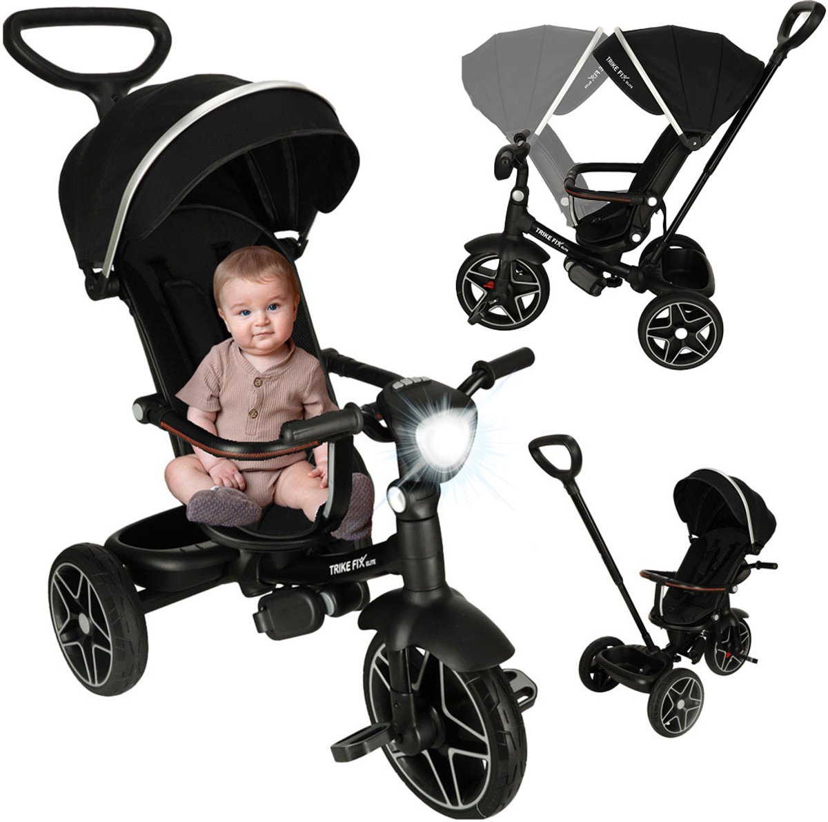 Playos® - Driewieler Duwfiets - Elite - Zwart - tot 30 kg - Draaibare Stoel - met Licht en Geluid - Zonnescherm - 2 tot 6 jaar - Multifunctioneel - Kinderwagen - Tricycle - Fiets met Duwstang (8721022057958)
