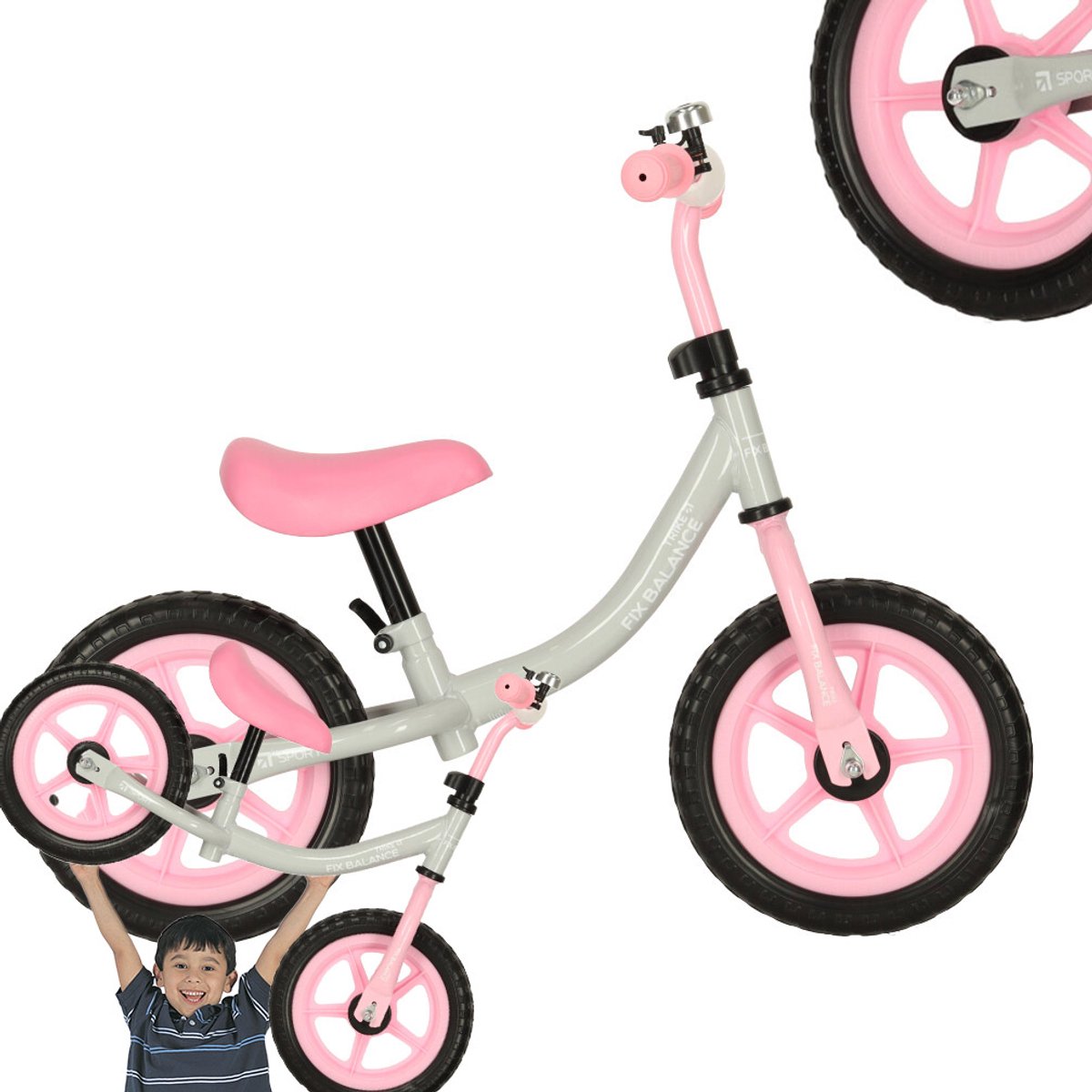 Playos® - Loopfiets - Roze / Grijs - Verstelbaar Zadel & Stuur - van 80 tot 108 cm - tot 35 kilo - Balansfiets - Leren Fietsen (8721022058245)