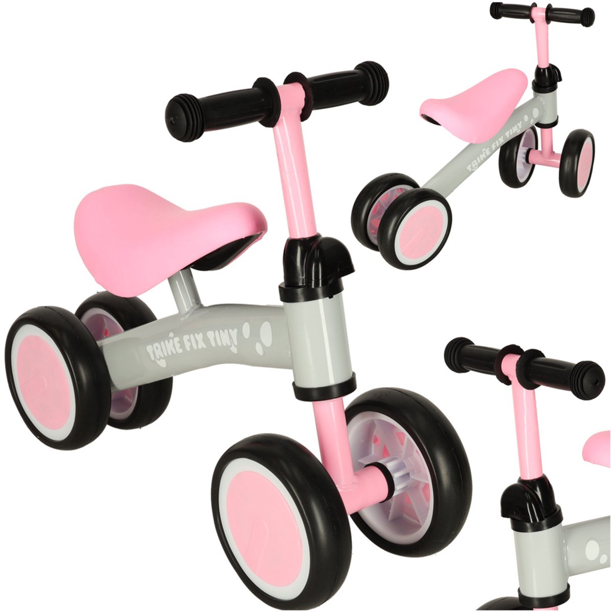 Playos® - Loopfiets met 4 wielen - Roze / Grijs - vanaf 1 jaar - tot 30 kilo - Balansfiets - Driewieler (8721022058214)