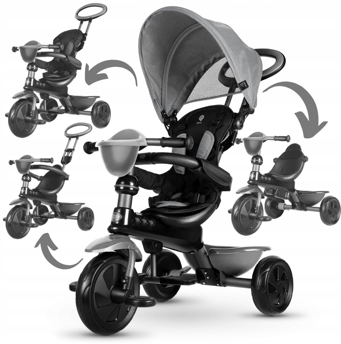 Qplay Cosy 4-in-1 Driewieler Kinderen Grijs - Groeit Mee! (5061047480373)