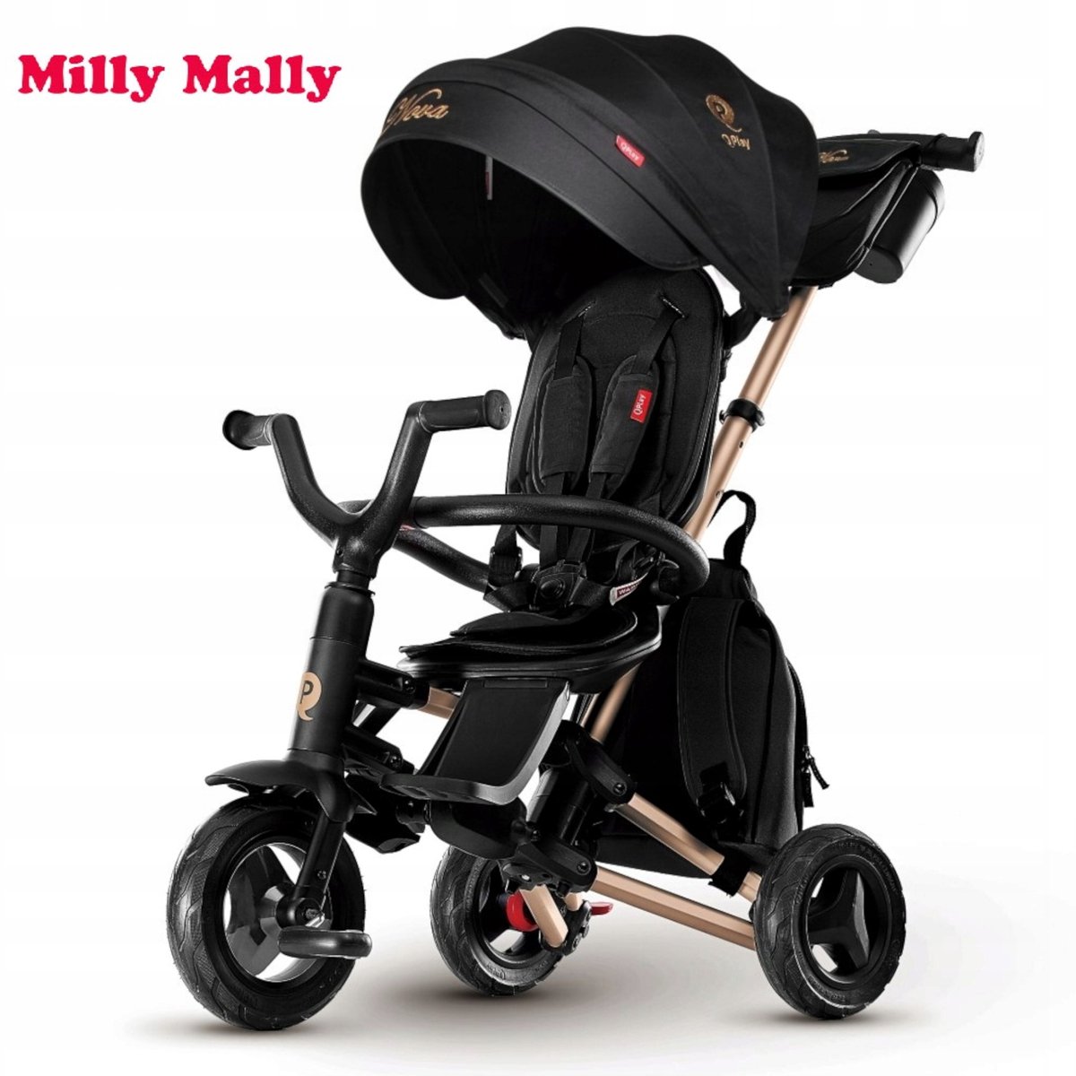 Qplay Nova+ Rubber Driewieler - Opvouwbaar, 360° Stoel, Zwart/Goud (5907385932009)