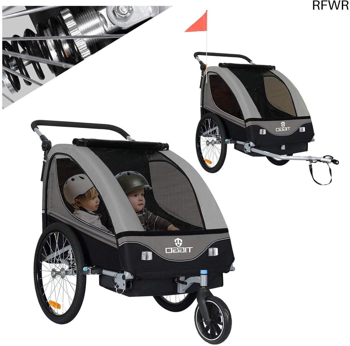 RFWR® 2-in-1 Kinderaanhanger en Kinderwagen met Vering - Draaibaar voor 1 of 2 Kinderen, Grijs (8721316045302)