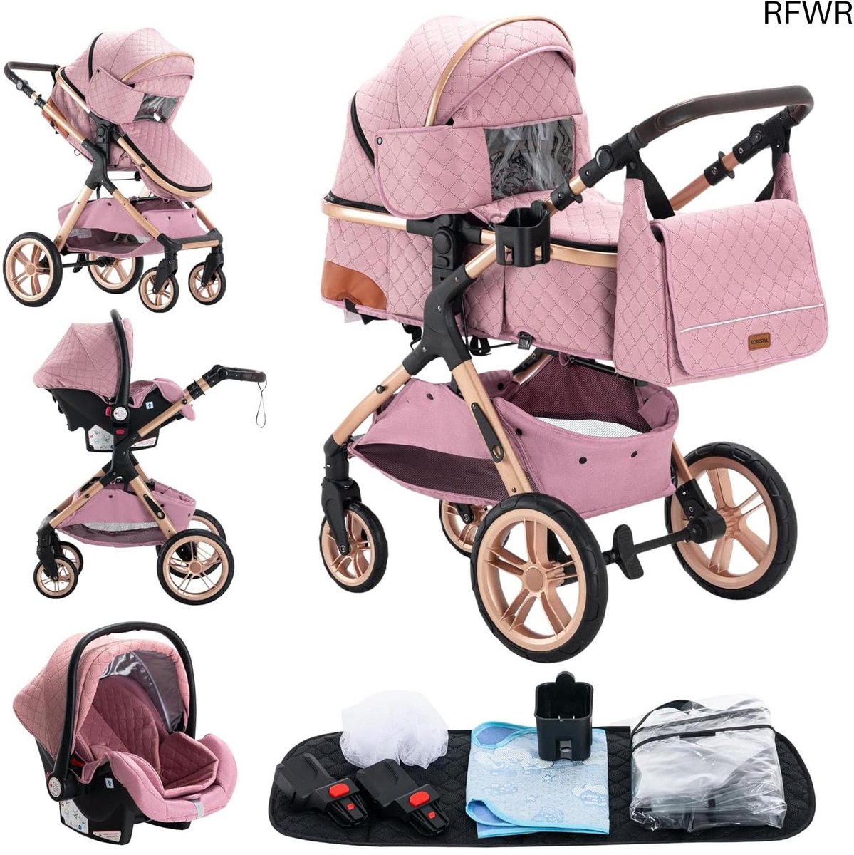 RFWR® 3-in-1 Combinatie Kinderwagen - Driewieler met Hoge Landschap, Opvouwbaar en Geschikt voor Kinderen van 0-36 Maanden in Roze (8721316319878)