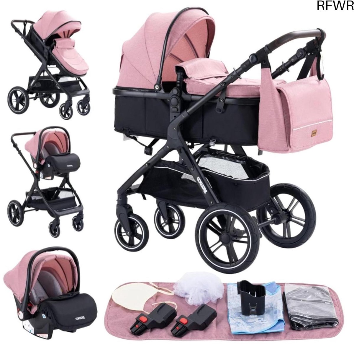 RFWR® 3-in-1 Kinderwagen - Driewieler, Hoge Landschap, Vouwbaar - Geschikt van 0-36 Mnd - Roze (8721316046910)