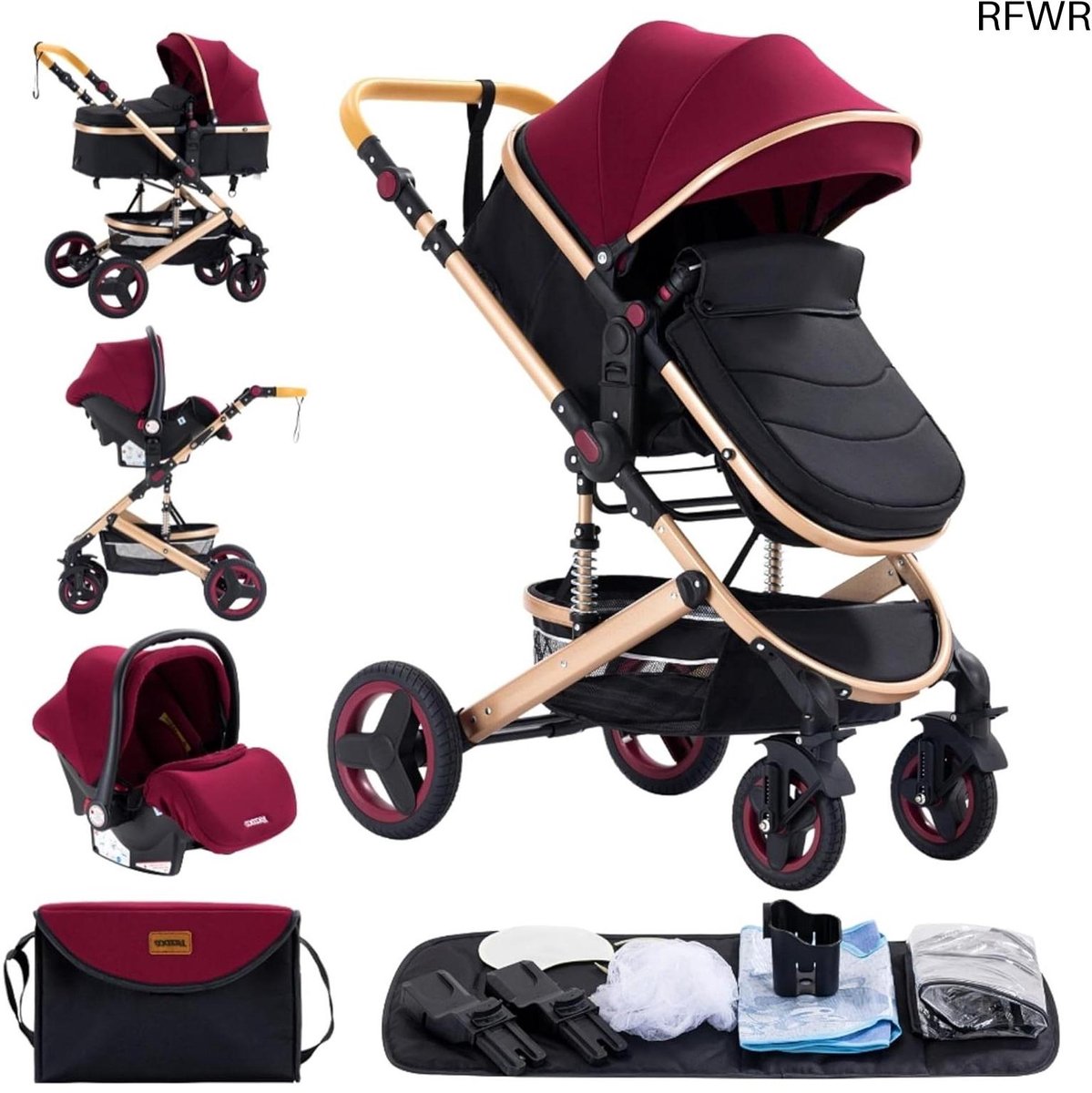 RFWR® 3-in-1 Kinderwagen Met Verstelbare Handgreep, Autozitje, Driewieler En Demping Voor Baby's Van 0-36 Maanden - Rood (8721316047290)
