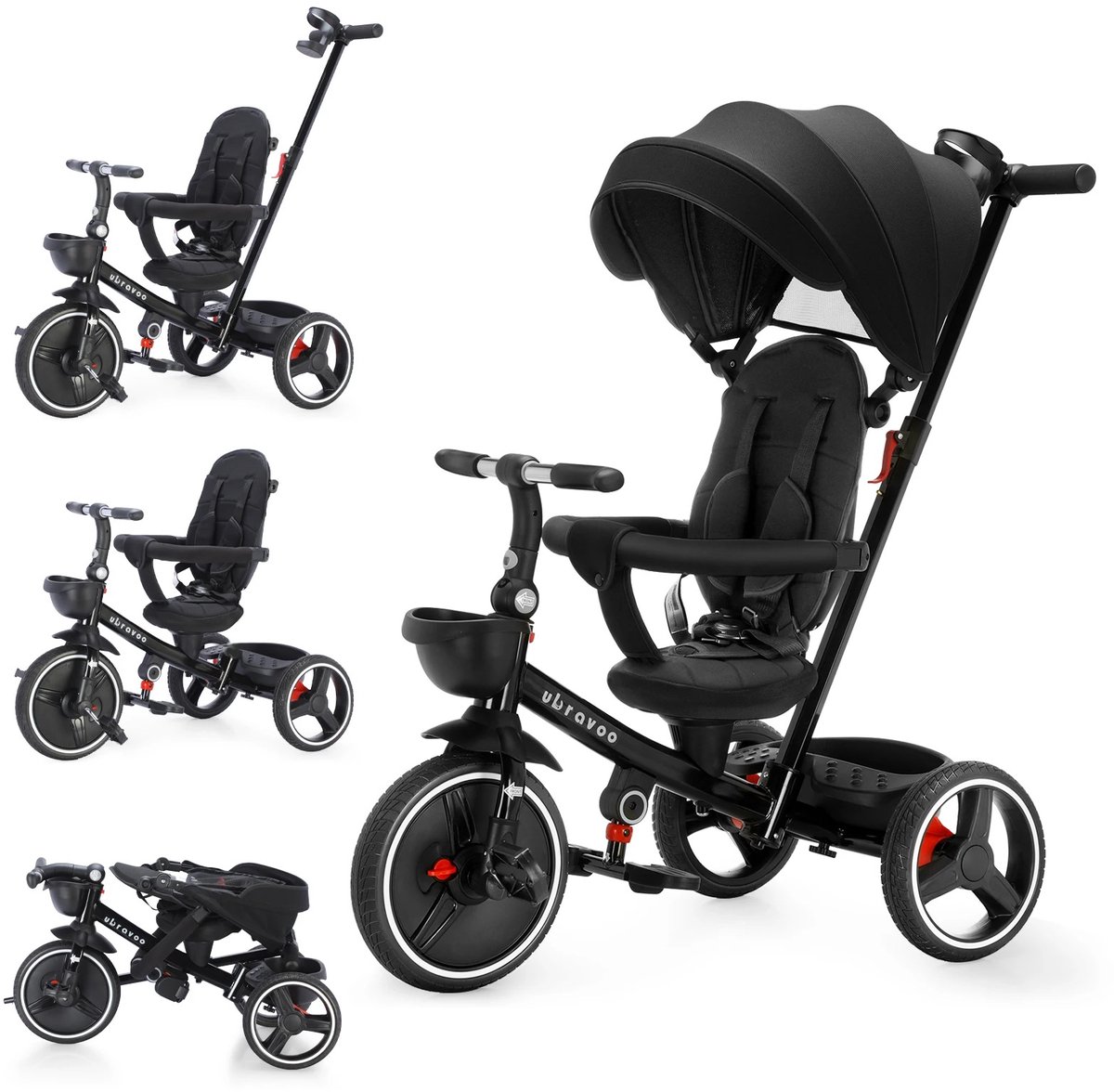 Rustive Kinder Driewieler - Met Duwstang - Opvouwbaar - Incl. Veiligheidsharnas, Wielremmen en Afneembare Luifel - Zwart (8721284702863)