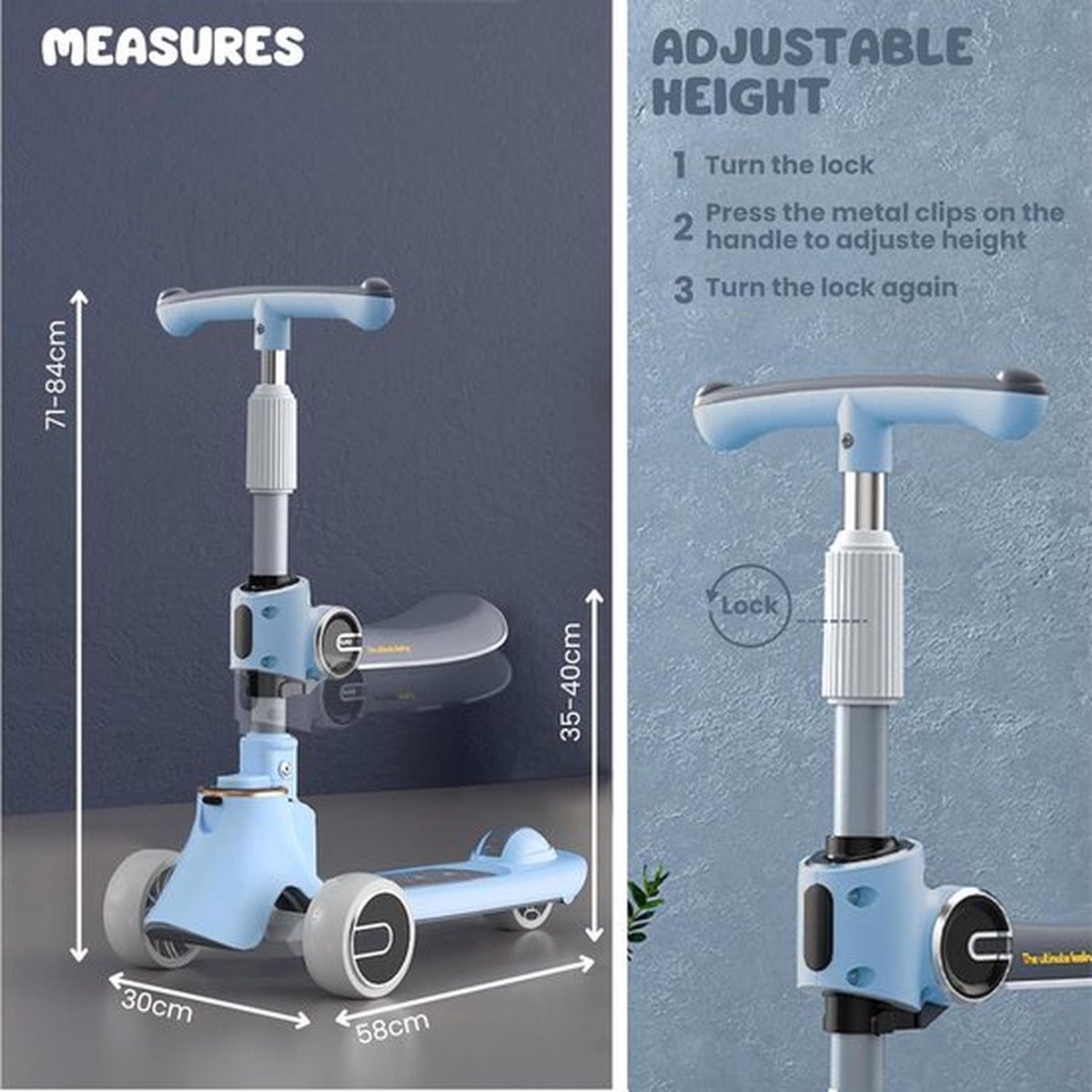 Scooter met Zitje voor Kinderen - Opvouwbaar, LED-verlichting, PU-wielen - 3-12 jaar - 4 Hoogtes - 50 kg (6821599391690)