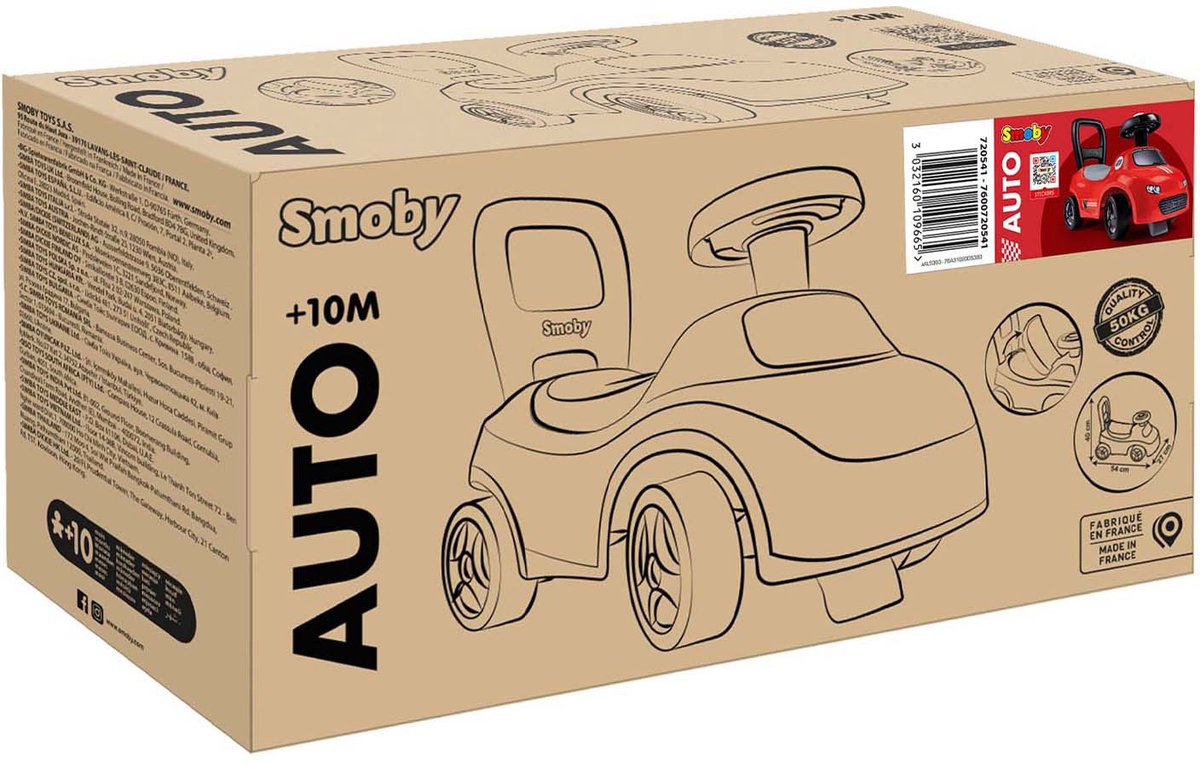 Smoby - 2 in 1 kinderdrager - Auto Red - Doos onder het zadel + claxon - Vanaf 10 maanden - Made in France (3032160109665)