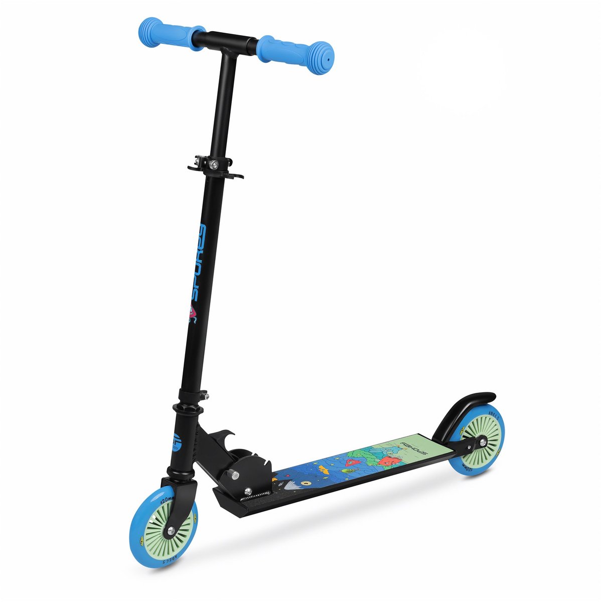 Spokey DUKE Kinderstep - Zwart / Blauw / Groen - 125 mm wielen - ABEC-5 lagers - antislip deck - opvouwbaar - voetrem - maximaal gebruikersgewicht 50 kg - gewicht 2,1 kg (5905339434241)