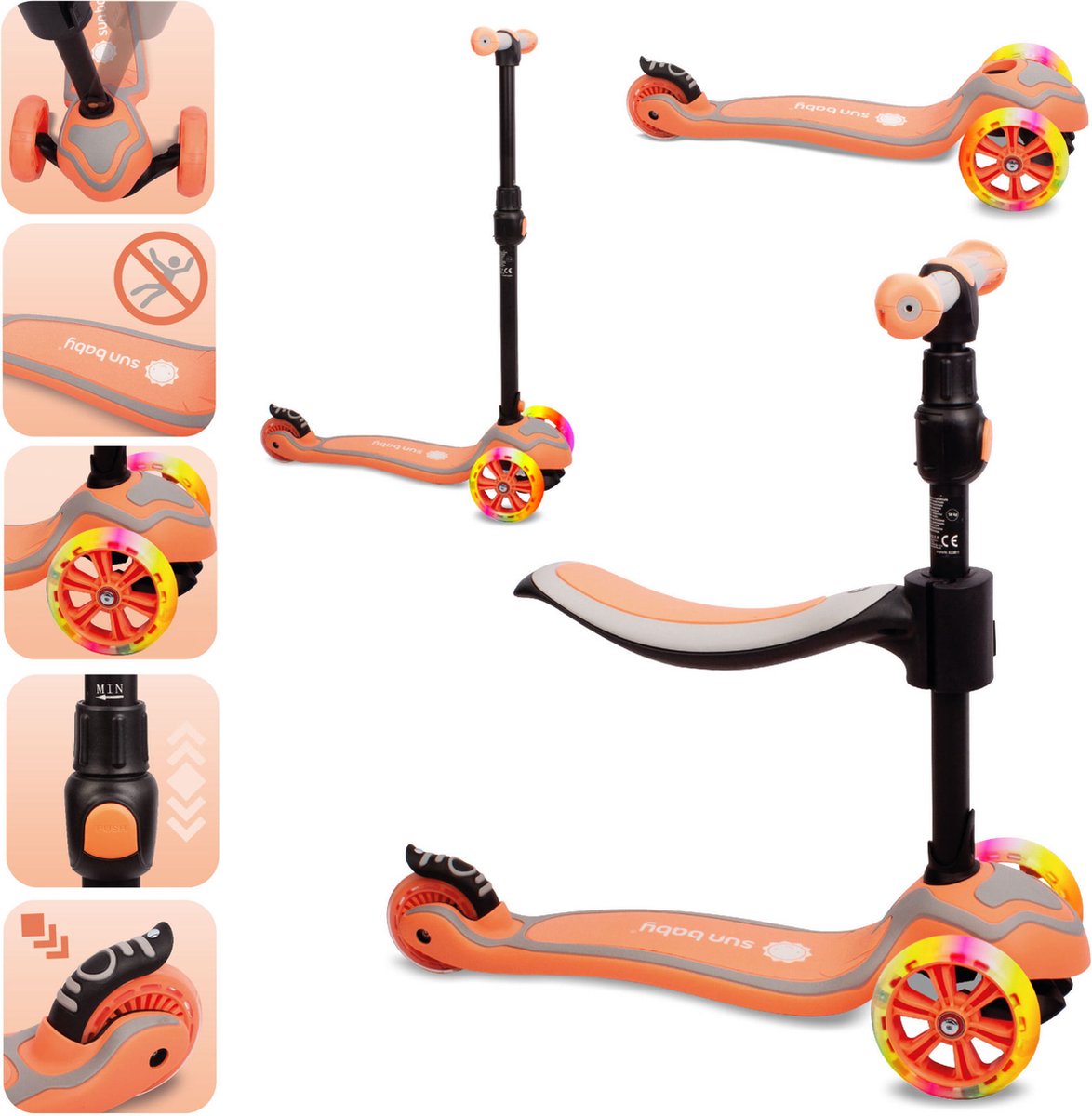 Sun Baby Scooter voor kinderen met Lichtgevende Wielen van 3 jaar, Kinderstep, Driewieler, Verstelbare Hoogtes, Children's Scooter (Oranje) (5905525350942)