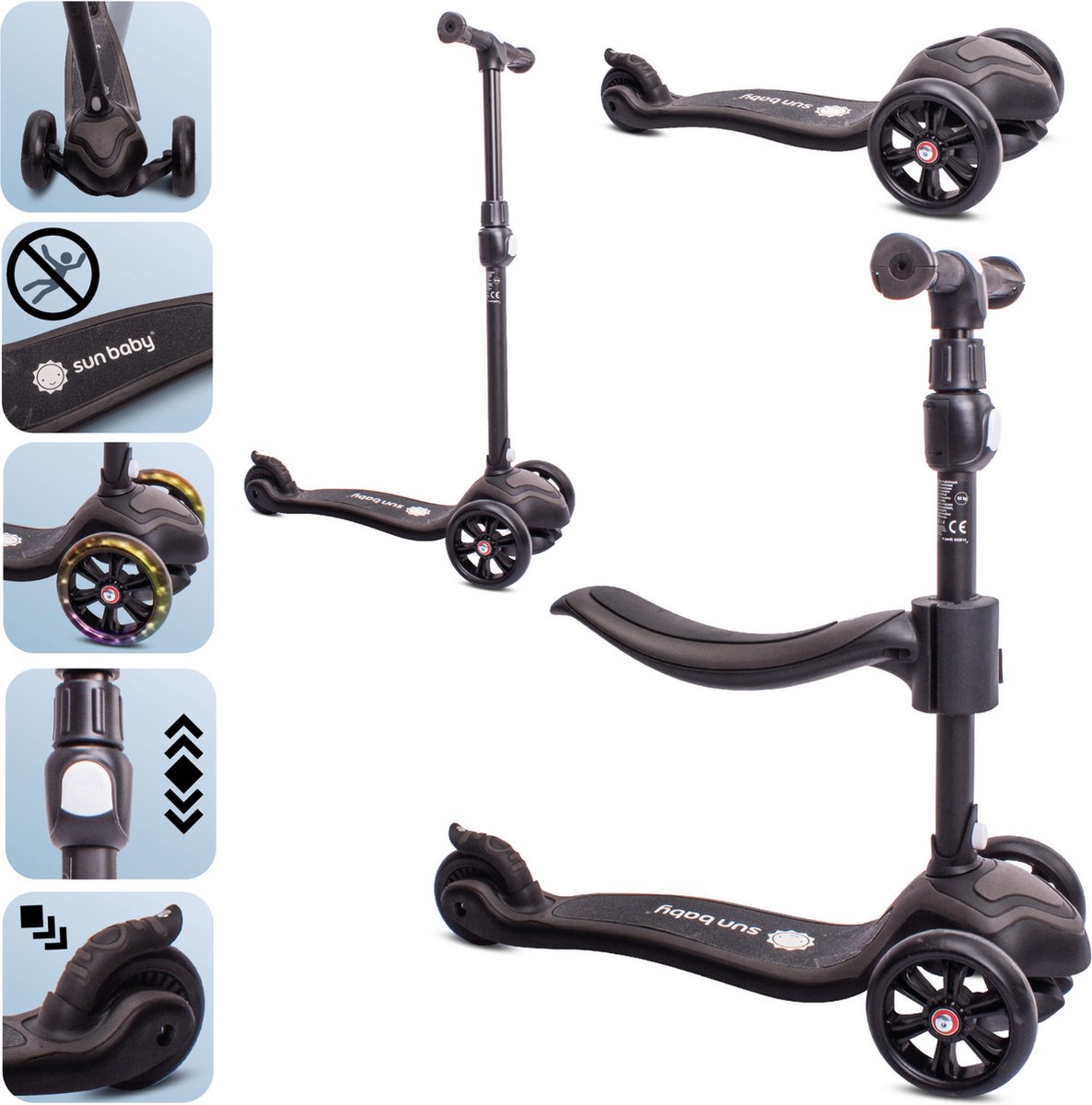 Sun Baby Scooter voor kinderen met Lichtgevende Wielen van 3 jaar, Kinderstep, Driewieler, Verstelbare Hoogtes, Children's Scooter (Zwart) (5907478642983)