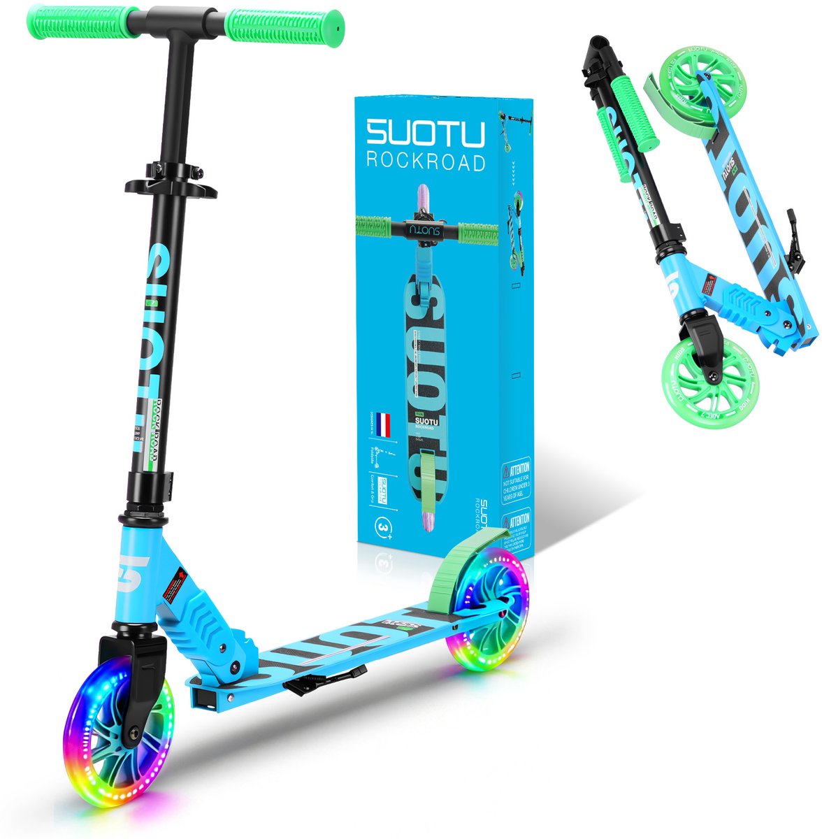 Suotu Kinderstep - 145mm Lichtgevende Wielen - Step - Speelgoed Jongens/Meisjes - Max stuurhoogte: 85 cm - Aluminium - Blauw/Green (8721049705108)