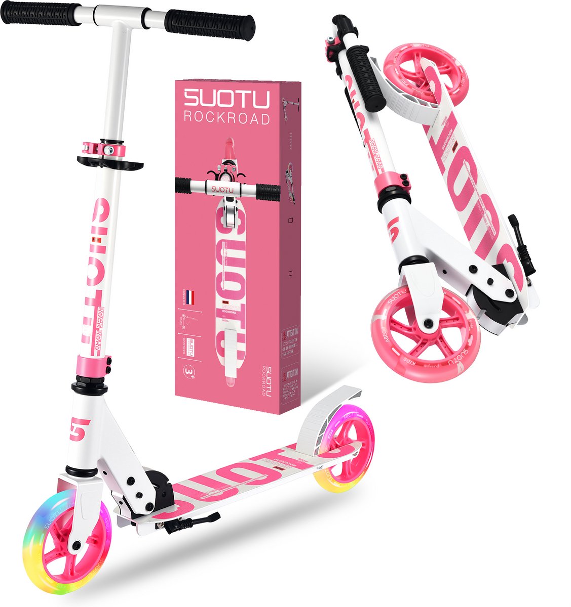 Suotu Kinderstep - 145mm Lichtgevende Wielen - Step - Speelgoed Jongens/Meisjes - Max stuurhoogte: 85 cm - Aluminium - Roze/Wit (8721049720750)