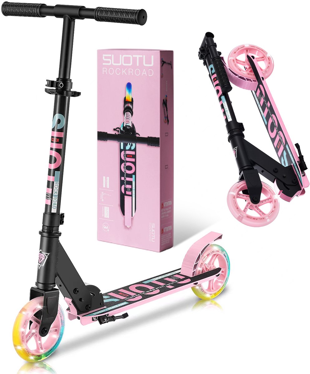 Suotu Kinderstep - 145mm Lichtgevende Wielen - Step - Speelgoed Jongens/Meisjes - Max stuurhoogte: 85 cm - Aluminium - Roze/Zwart (8720663309440)