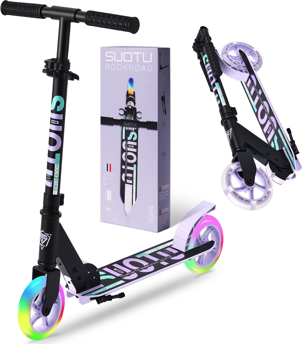 Suotu Kinderstep - 145mm Lichtgevende Wielen - Step - Speelgoed Jongens/Meisjes - Max stuurhoogte: 85 cm - Aluminium - Zwart/Paars (8720514290422)