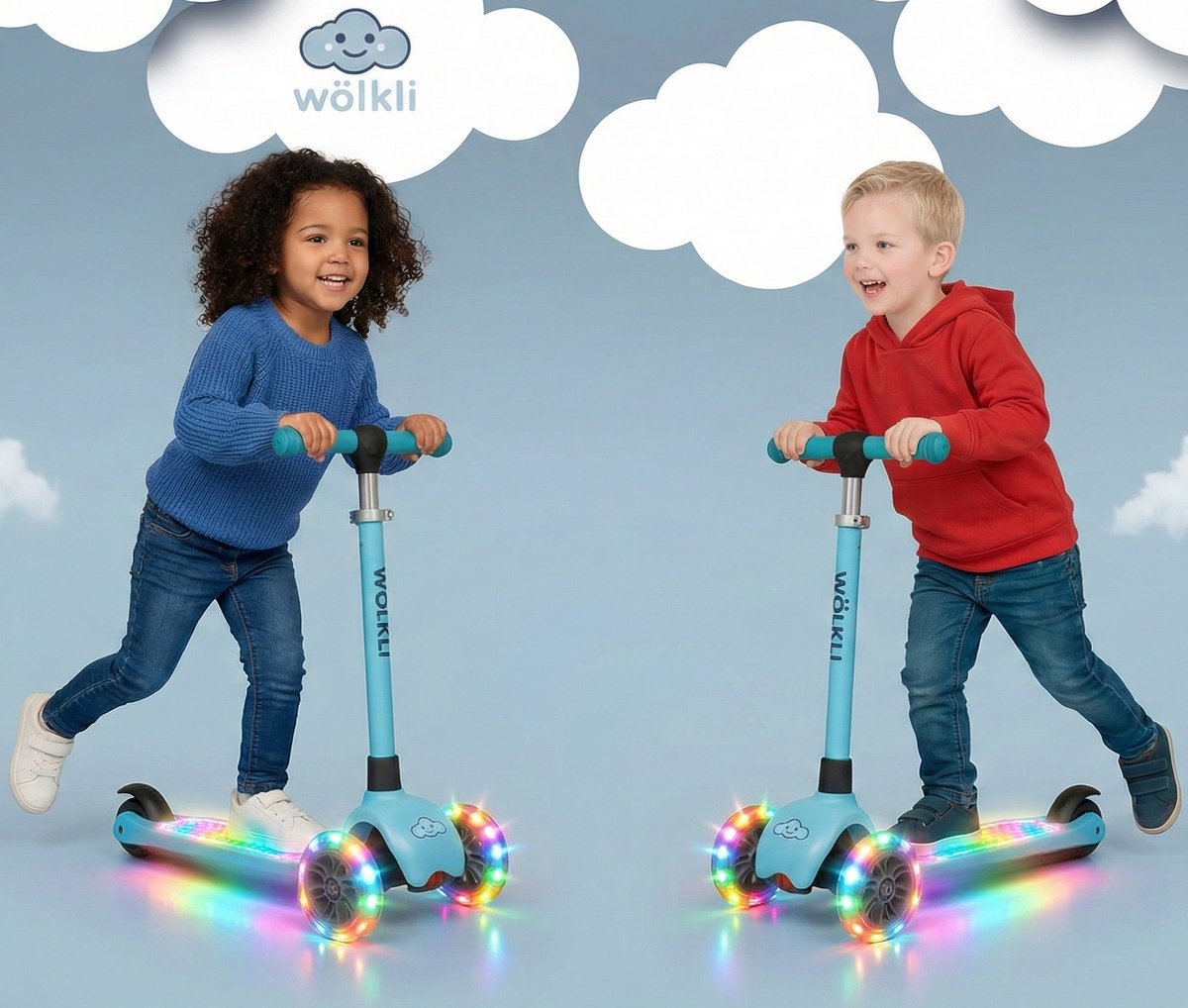 Wölkli Kinderstep Noaz Blue - 3-Wiel Step met LED Wielen & LED Voetenplank (20 Modus) - Verstelbaar Stuur - Soft Wheels - Jongens & Meisjes 3-8 jaar - 50 kg (8720892753410)