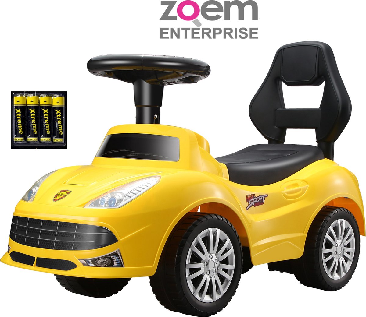 Zoem - Loopauto - Incl batterijen - Geel of Ferrari rood - Verlichting - Claxon - Geel - Muziek - Stuur - Loopwagen - Speelgoed - Jongens - Meisjes - Cadeau - Verjaardag (8720865431673)