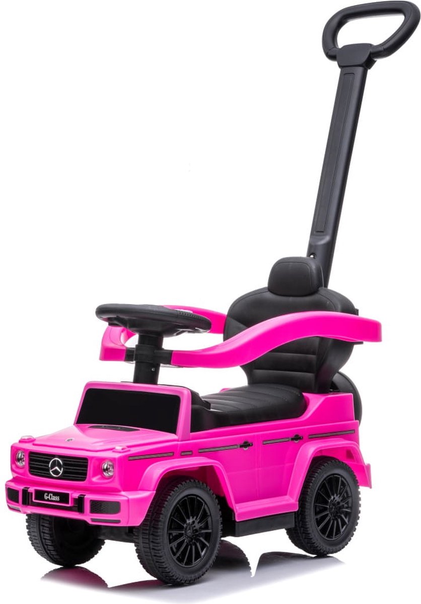 sun baby Duwauto voor kinderen, loopauto Mercedes Benz G met vergunning vanaf 12 maanden met stuur met geluid, kunststof stoel en wielen, duwstang, opbergvak onder stoel, nepreservewiel (Roze) (5905525350980)