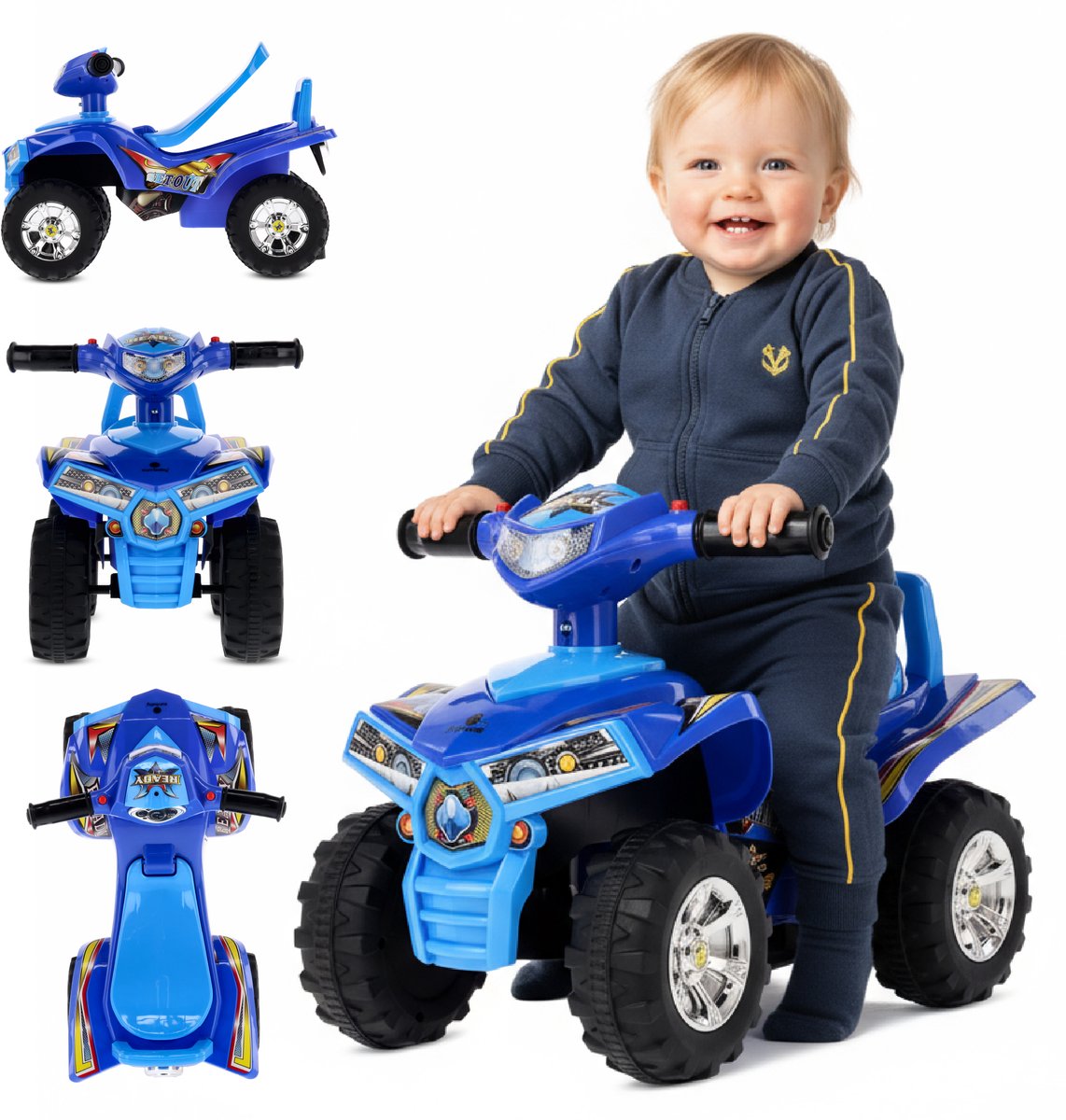 sun baby Kinderauto loopauto vanaf 1 jaar, baby quad, voertuig auto, Zwenkbare voorwielen, Claxon en motorgeluid in de stuurhendels, Opbergvak onder de zitting (Blauw) (5905525350669)