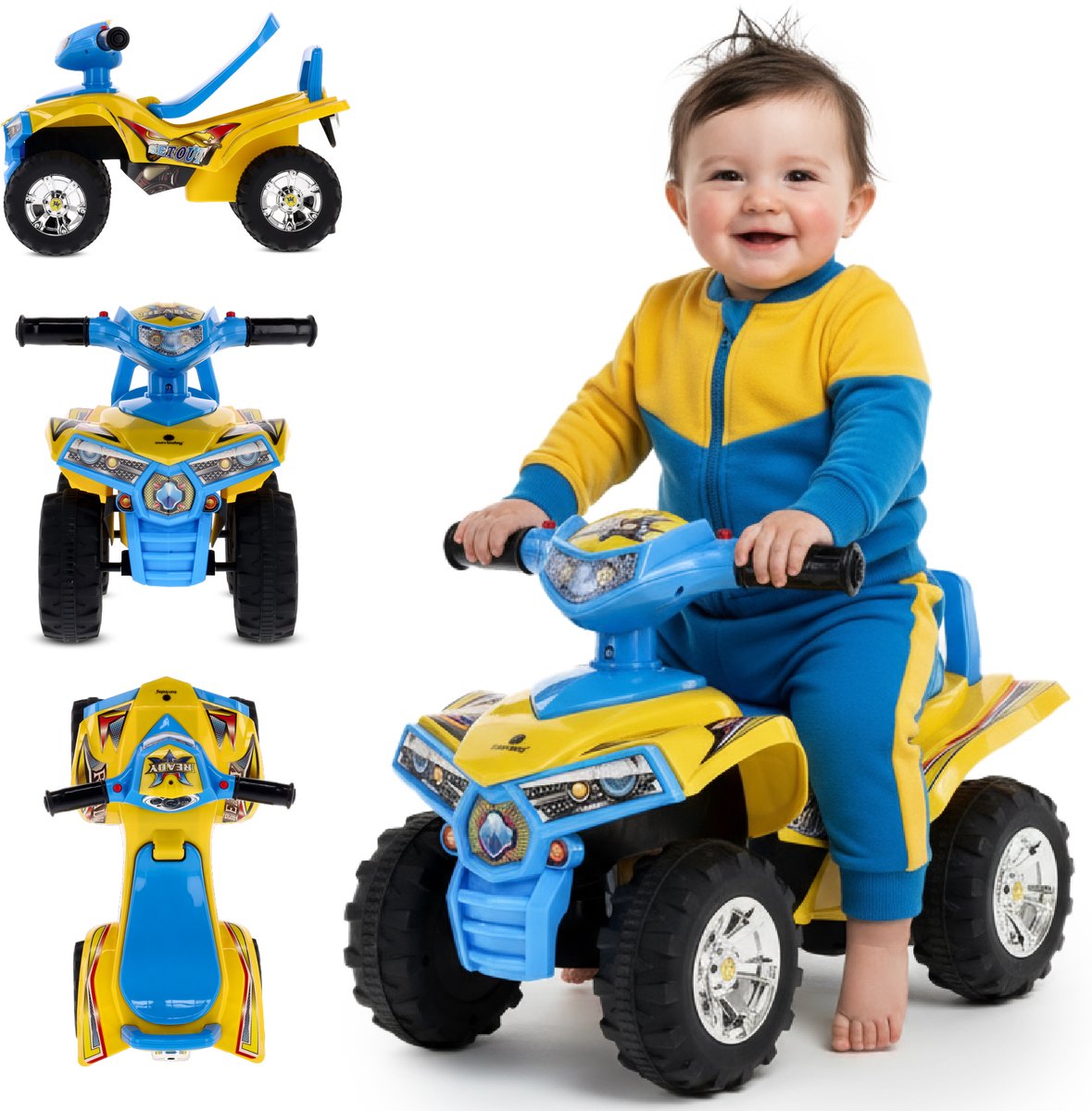 sun baby Kinderauto loopauto vanaf 1 jaar, baby quad, voertuig auto, Zwenkbare voorwielen, Claxon en motorgeluid in de stuurhendels, Opbergvak onder de zitting (Geel) (5905525350676)