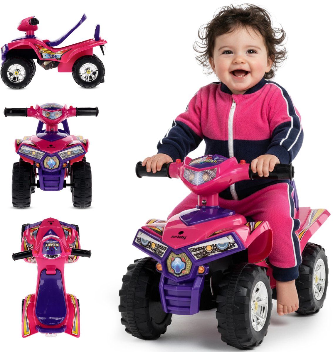sun baby Kinderauto loopauto vanaf 1 jaar, baby quad, voertuig auto, Zwenkbare voorwielen, Claxon en motorgeluid in de stuurhendels, Opbergvak onder de zitting (Roze) (5905525350652)