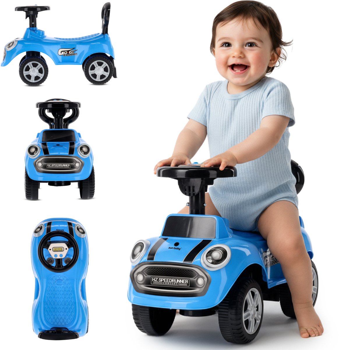 sun baby Loopauto vanaf 1 jaar, auto voor babys, indoor kinderauto met geluiden, grote kunststof wielen, Kantelbeveiliging, beperkt draaivermogen (Blauw) (5907478641726)