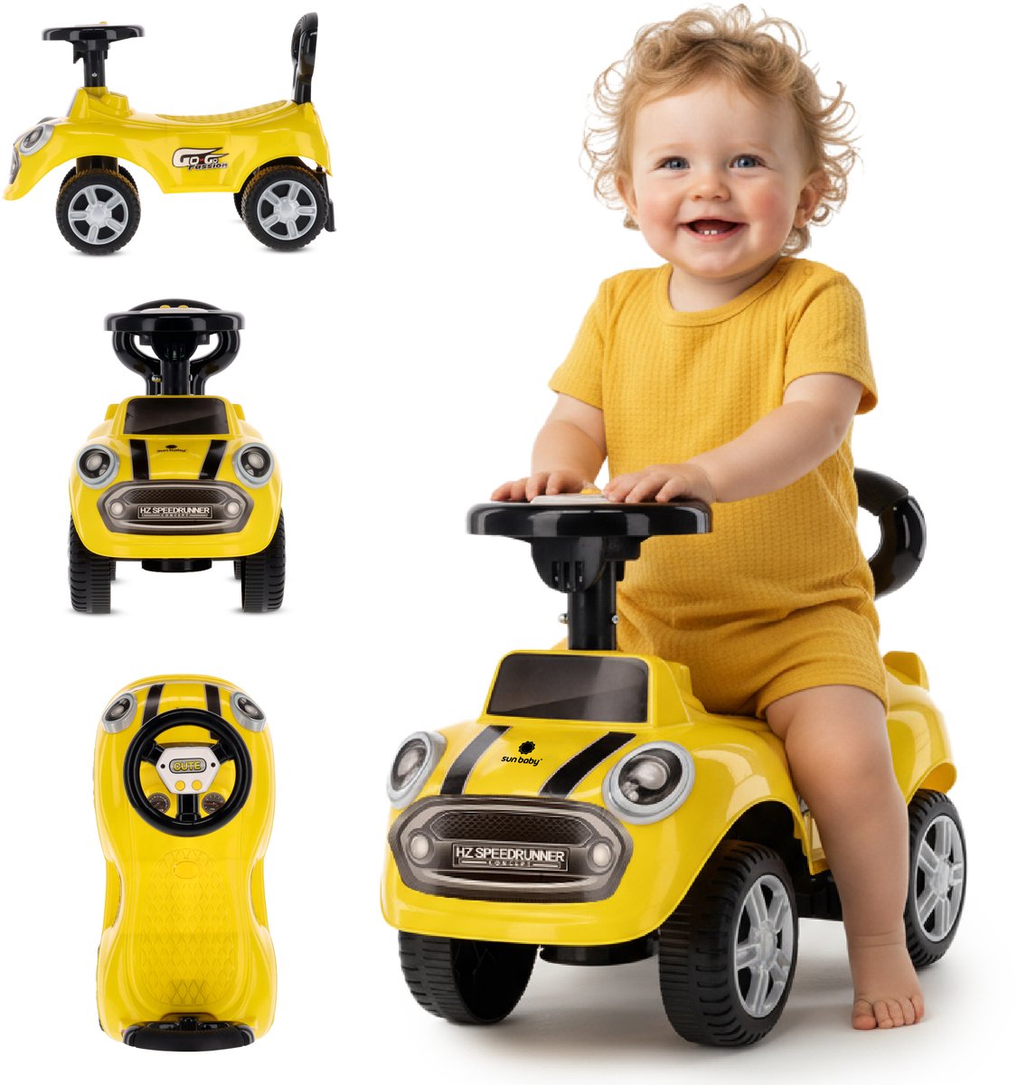 sun baby Loopauto vanaf 1 jaar, auto voor babys, indoor kinderauto met geluiden, grote kunststof wielen, Kantelbeveiliging, beperkt draaivermogen (Geel) (5907478641788)