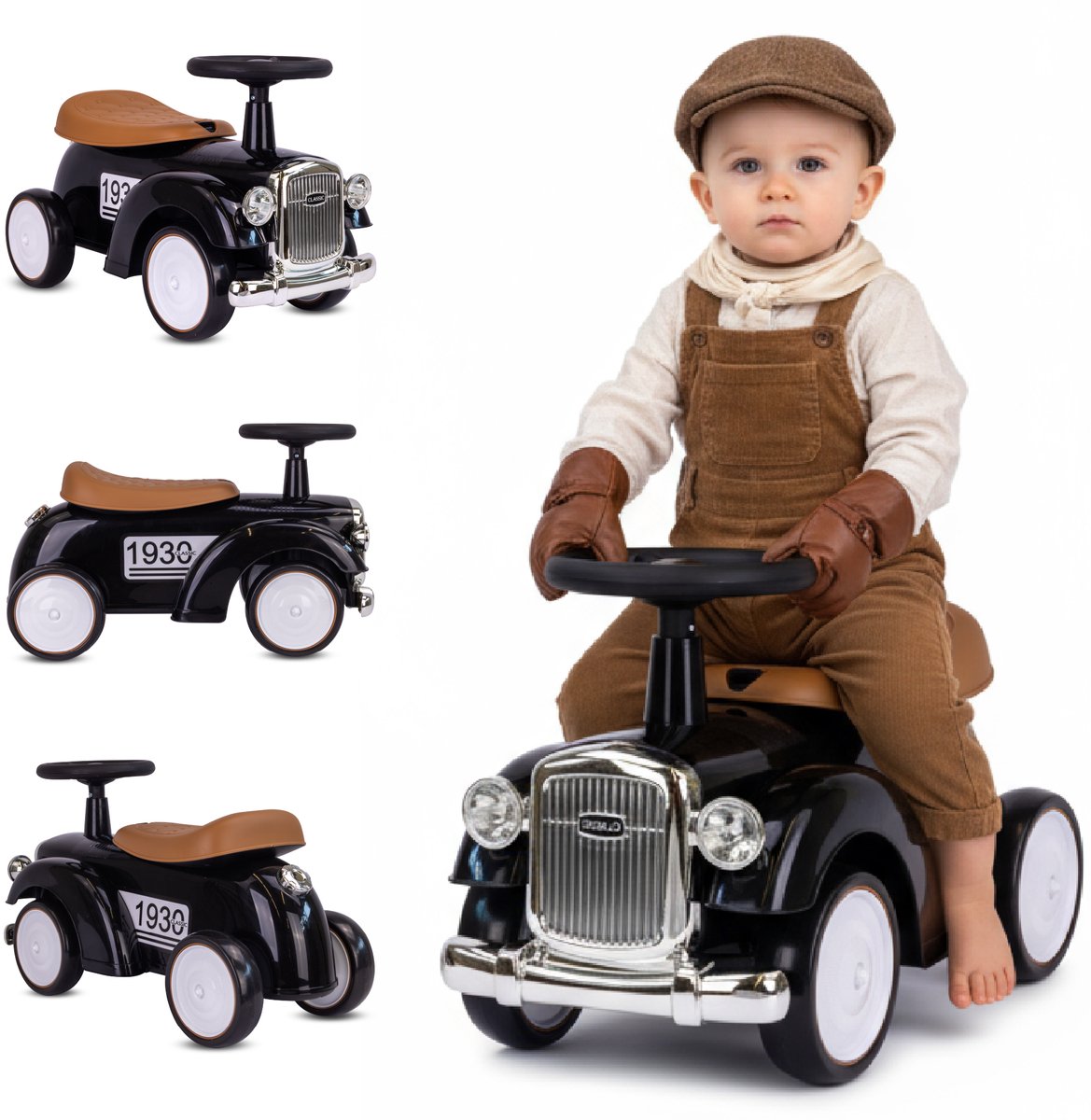 sun baby Loopauto voor kinderen vanaf 1 jaar Retro Classic, kinderauto, loophulp met claxon, pieptoon, opbergvak onder zitting (Zwart) (5905525355299)