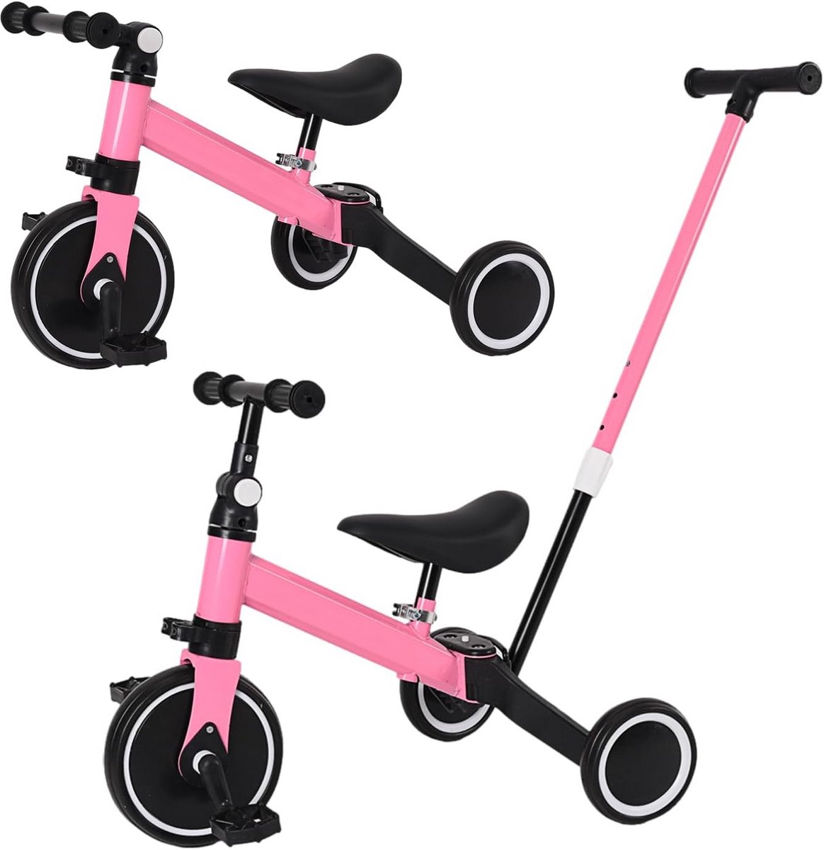 3-in-1 Kinderdriewieler Loopfiets voor Baby's en Peuters (Zwart/Roze) (9101059285941)