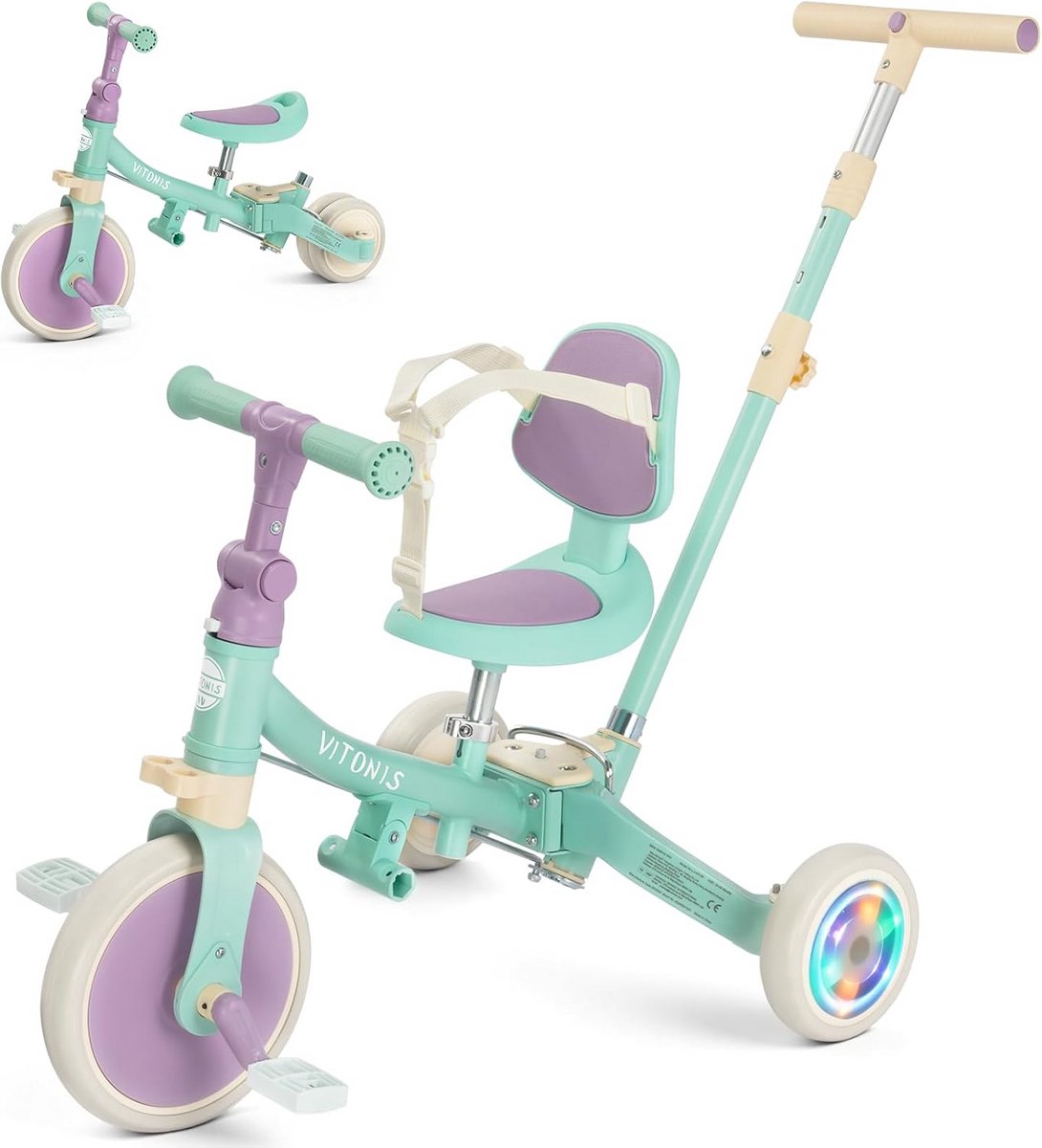 5-in-1 Kinderdriewieler Met Duwstang - Loopfiets Voor Peuters 18 Mnd tot 5 Jaar - Roze Met Lichtgevende Wielen (9101058648891)