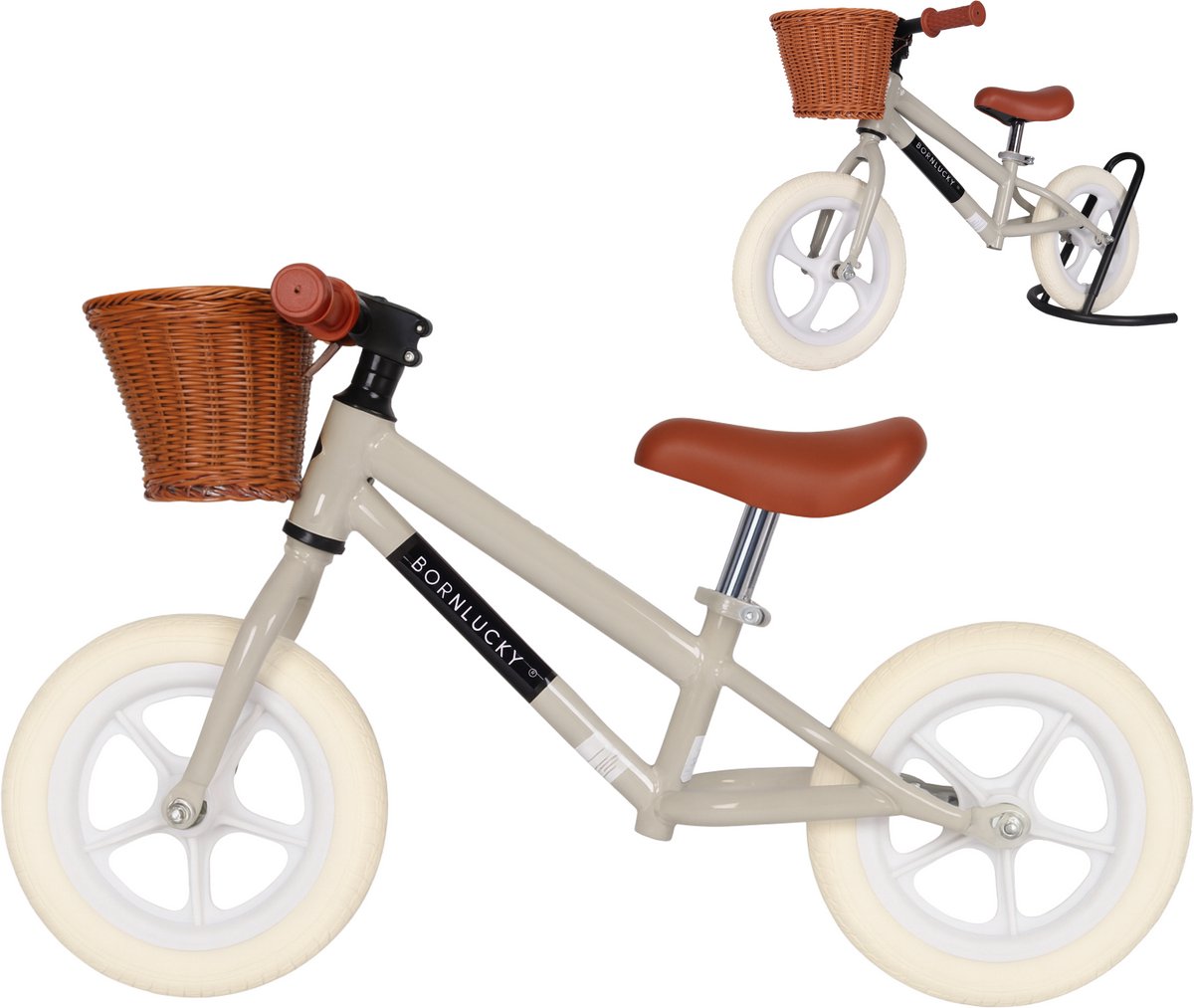 Born Lucky® Loopfiets Met Fietsmand- Vanaf 2 jaar - 12 inch massieve banden - Verstelbaar Zadel & Stuur - Olijf Groen (8720289205843)