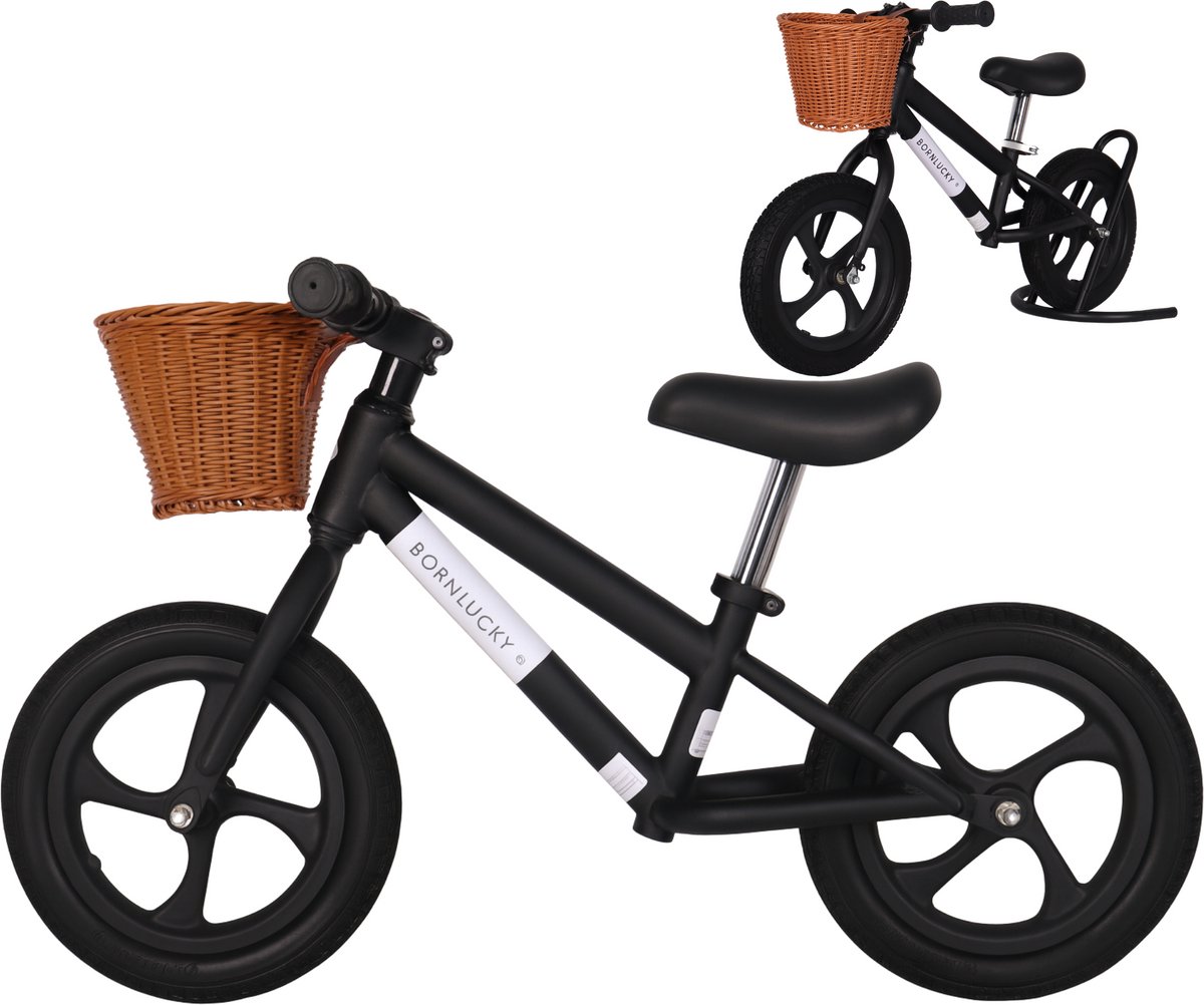 Born Lucky® Loopfiets Met Fietsmand- Vanaf 2 jaar - 12 inch massieve banden - Verstelbaar Zadel & Stuur - Zwart (8720289205850)