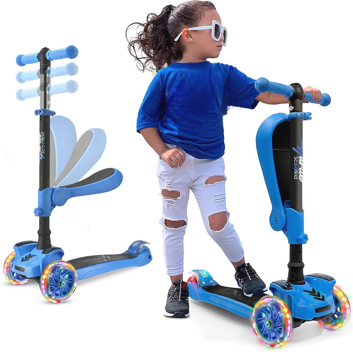 Driehoek Scootmobiel voor Kinderen - Vouwbare Scooter met Verstelbare Hoogte, LED Wielen en Antislip Voetplaat (9101065382764)