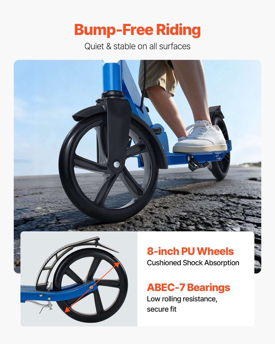 Kinderstep - Opvouwbare 2-wielige Stadsstep - In Hoogte Verstelbaar Stuur - Antislip Deck - Handrem - Draagkracht 100 kg - Vanaf 8 Jaar - Zwart/Blauw (6152745362364)