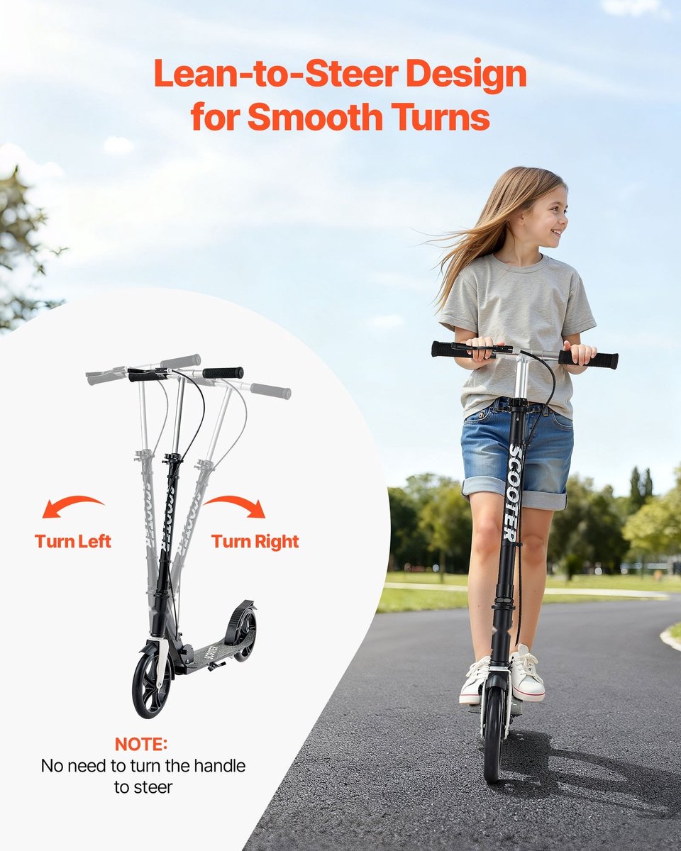 Kinderstep - Stadsstep 2 Wielen - In Hoogte Verstelbaar Stuur - Antislip Deck - Handrem - Draagvermogen 100 kg - Vanaf 8 Jaar - Zwart/Zilver (6152745381365)