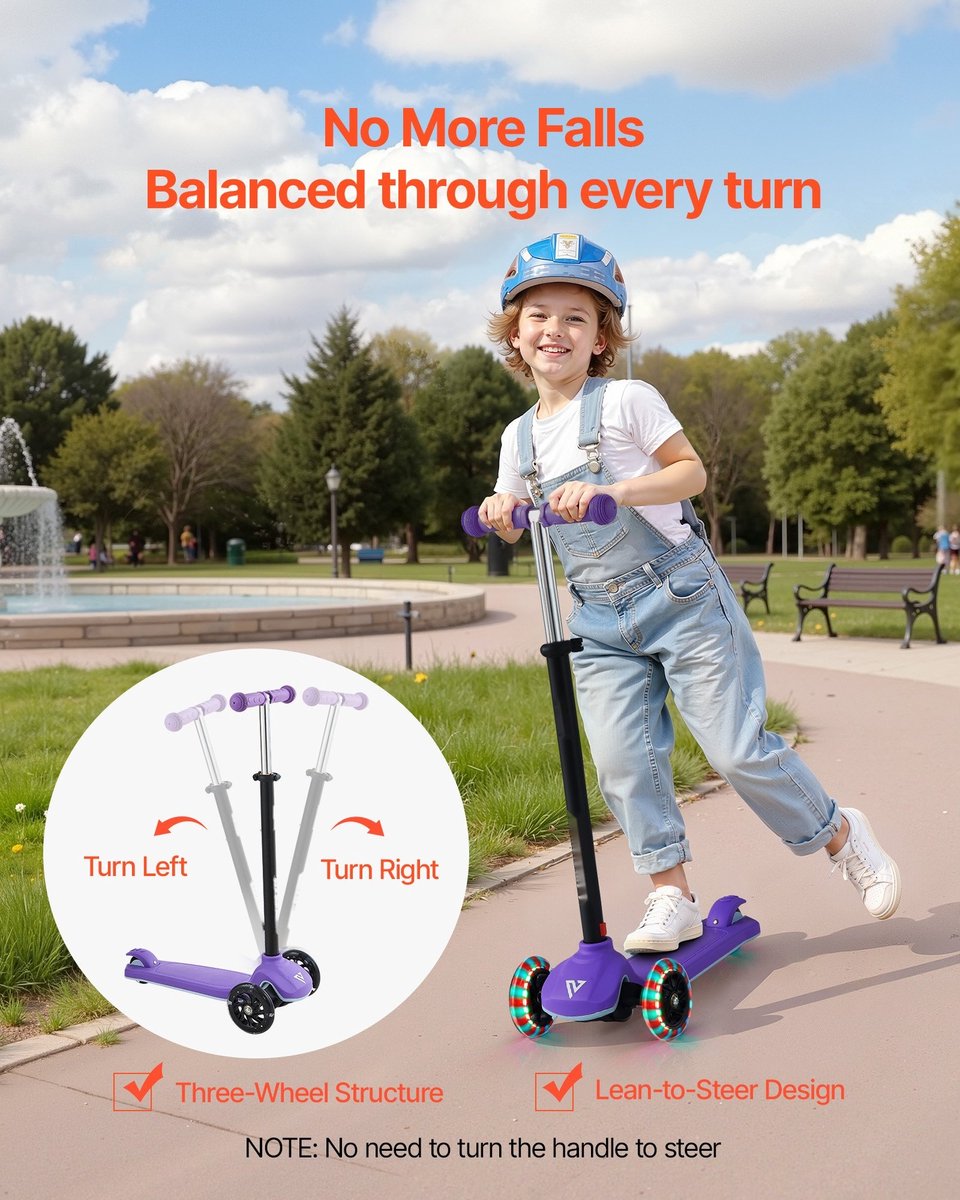 Kinderstep - Step met 3 Wielen - Vanaf 3 Jaar - LED Wielen - In Hoogte Verstelbaar Stuur - Antislip Deck - Lichtgewicht Aluminium Frame - Draagvermogen 75 kg - Paars (6153338191149)