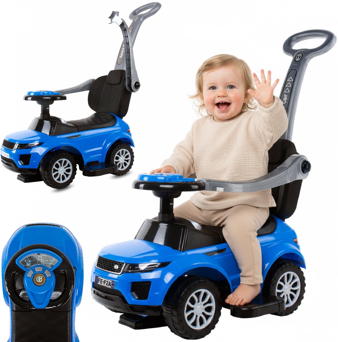 Loopauto kinderauto schuifauto vanaf 1 jaar en duwauto met claxon en muziek, opbergruimte onder de zitting (Blauw) (5905525350706)