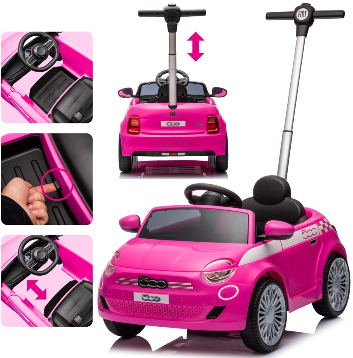 sun baby Loopauto kinderauto met duwstang, FIAT 500 schuifauto vanaf 18 maanden, duwauto met veiligheidsgordel en te openen deur (Roze) (5905525354933)