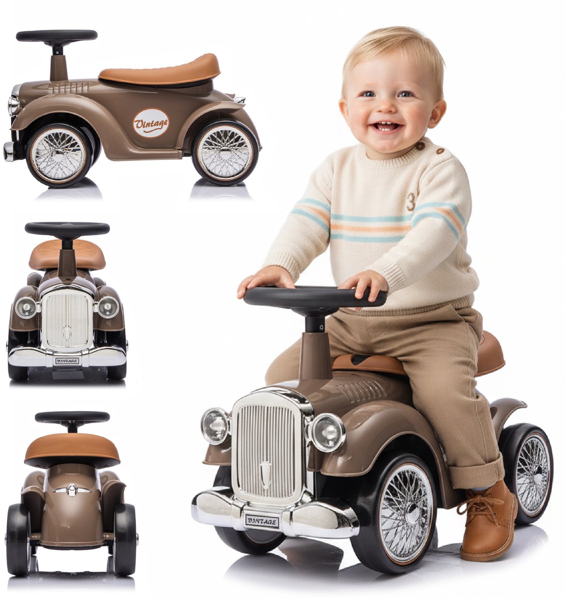 sun baby Loopauto voor kinderen vanaf 1 jaar Retro Classic, kinderauto, loophulp met claxon, pieptoon, opbergvak onder zitting (Bruin) (5905525355565)