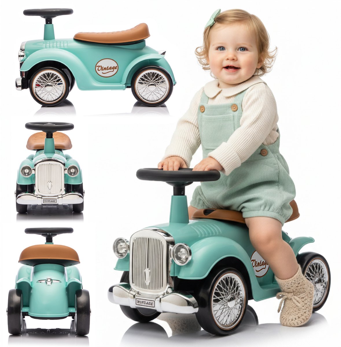 sun baby Loopauto voor kinderen vanaf 1 jaar Retro Classic, kinderauto, loophulp met claxon, pieptoon, opbergvak onder zitting (Munt) (5905525350782)