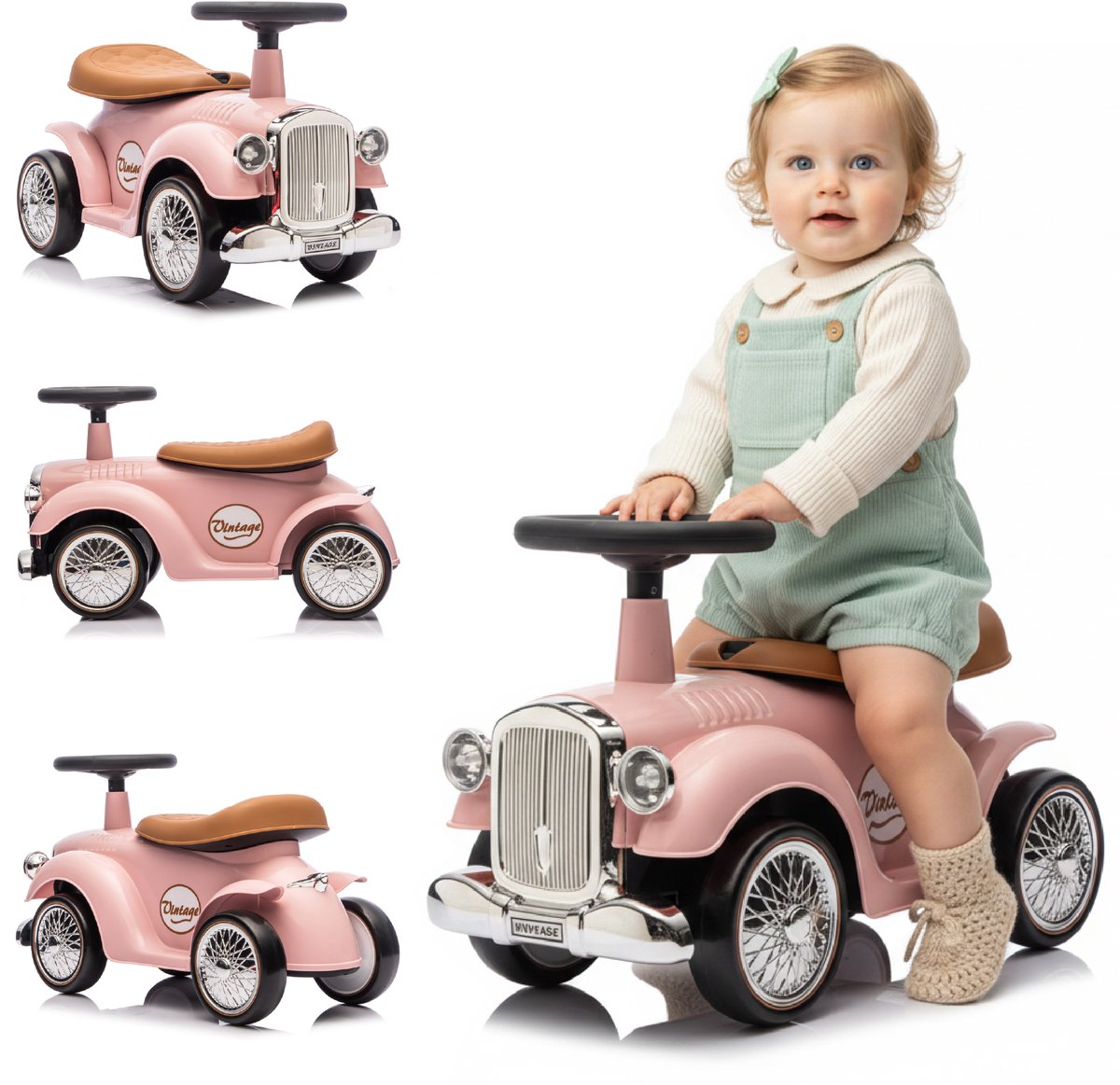 sun baby Loopauto voor kinderen vanaf 1 jaar Retro Classic, kinderauto, loophulp met claxon, pieptoon, opbergvak onder zitting (Roze) (5905525350713)