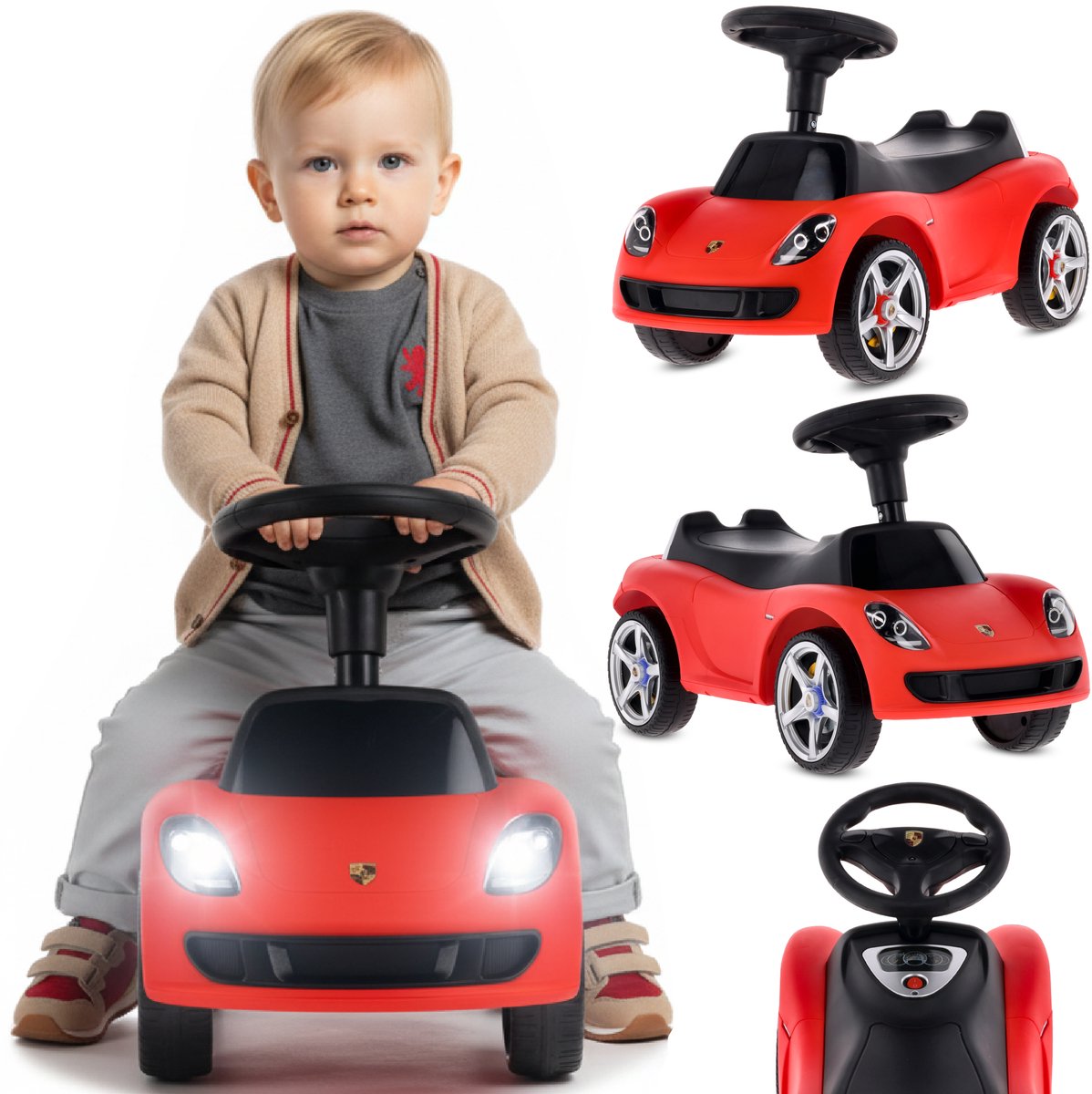 sun baby Loopauto voor kinderen vanaf 18 maanden - Porsche Carrera GT - stuur met knoppen, koplampen, realistische stickers, tot 30 kg, rood (5905525356166)